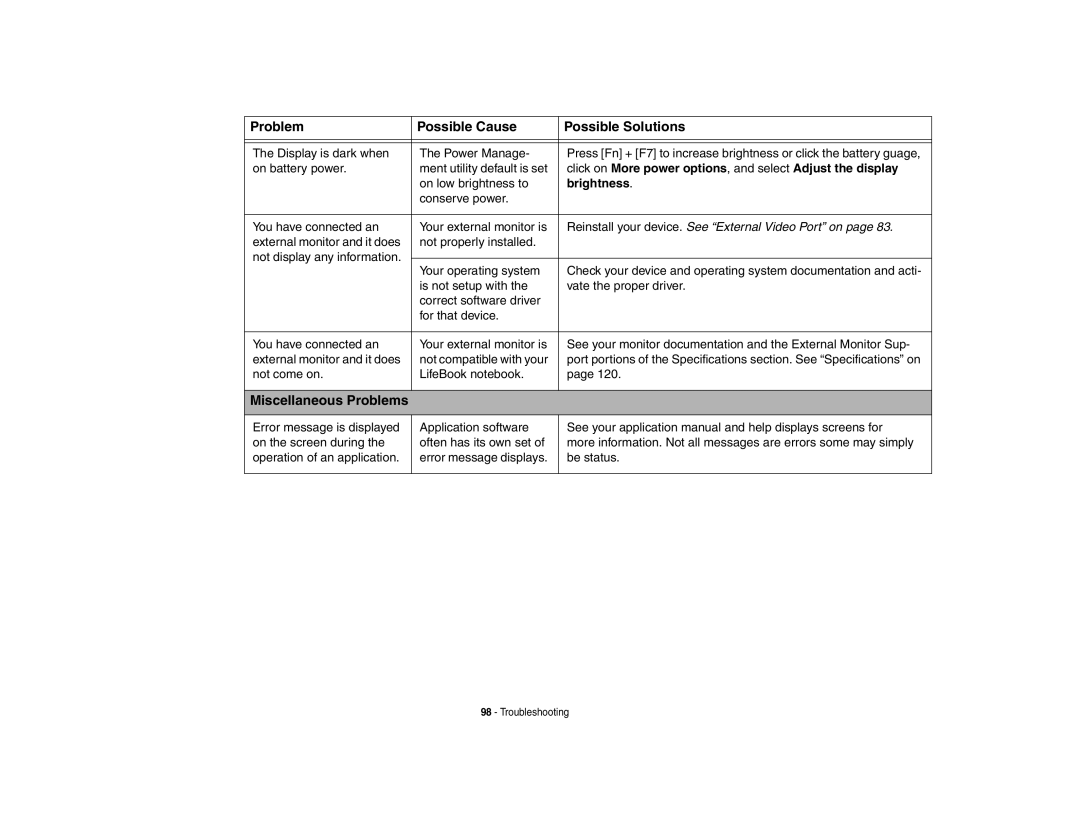 Fujitsu Siemens Computers A6210 manual Miscellaneous Problems, Brightness 