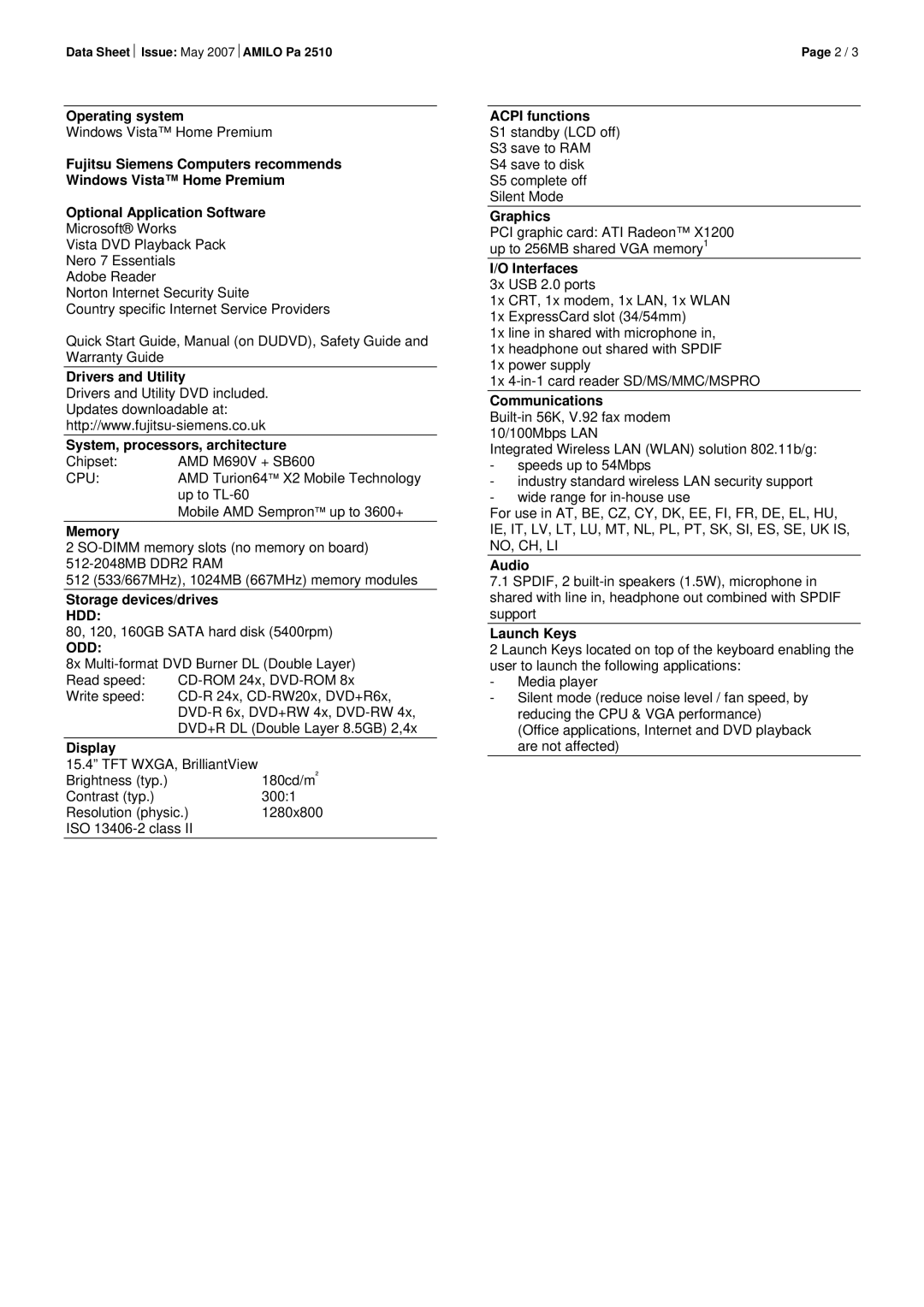 Fujitsu Siemens Computers AMILO Pa 2510 Operating system, Drivers and Utility, System, processors, architecture, Memory 