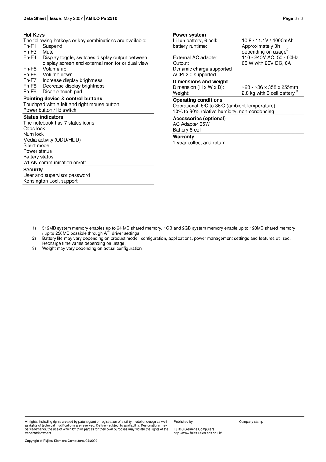 Fujitsu Siemens Computers AMILO Pa 2510 Hot Keys, Security, Power system, Dimensions and weight, Operating conditions 
