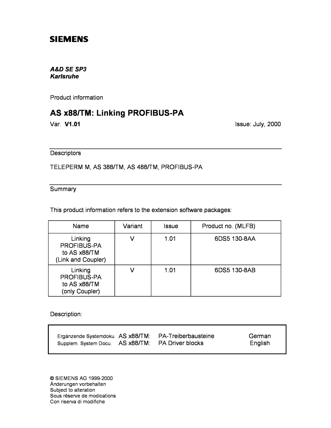 Fujitsu Siemens Computers manual AS x88/TM Linking PROFIBUS-PA, A&D SE SP3 Karlsruhe 
