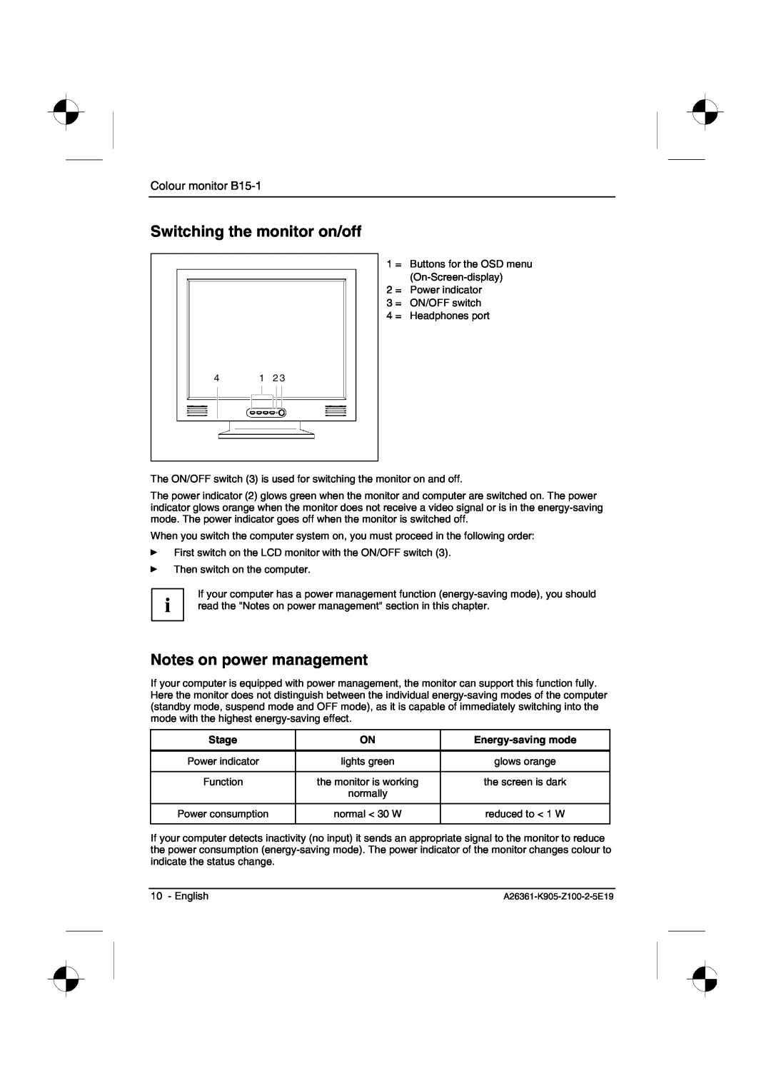 Fujitsu Siemens Computers B15-1 manual Switching the monitor on/off, Notes on power management, Stage, Energy-saving mode 