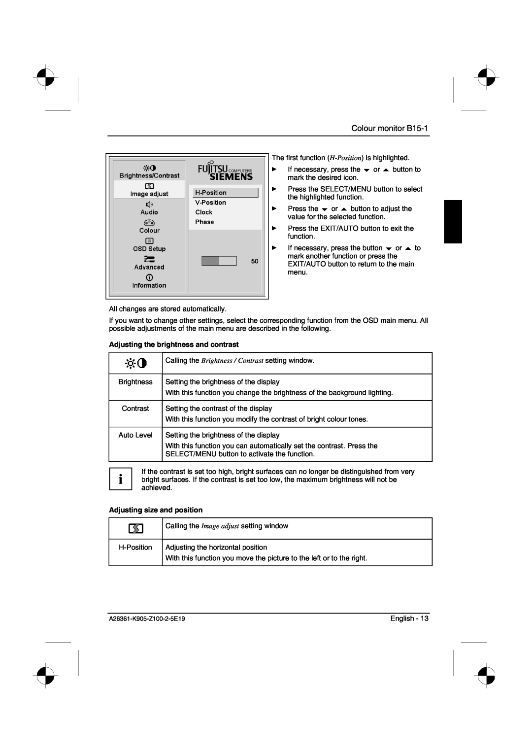 Fujitsu Siemens Computers Adjusting the brightness and contrast, Adjusting size and position, Colour monitor B15-1 