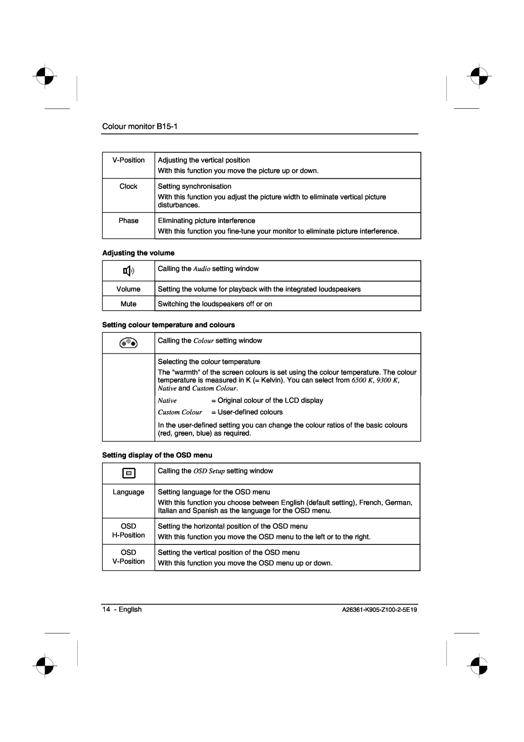 Fujitsu Siemens Computers Adjusting the volume, Setting colour temperature and colours, Colour monitor B15-1, Native 