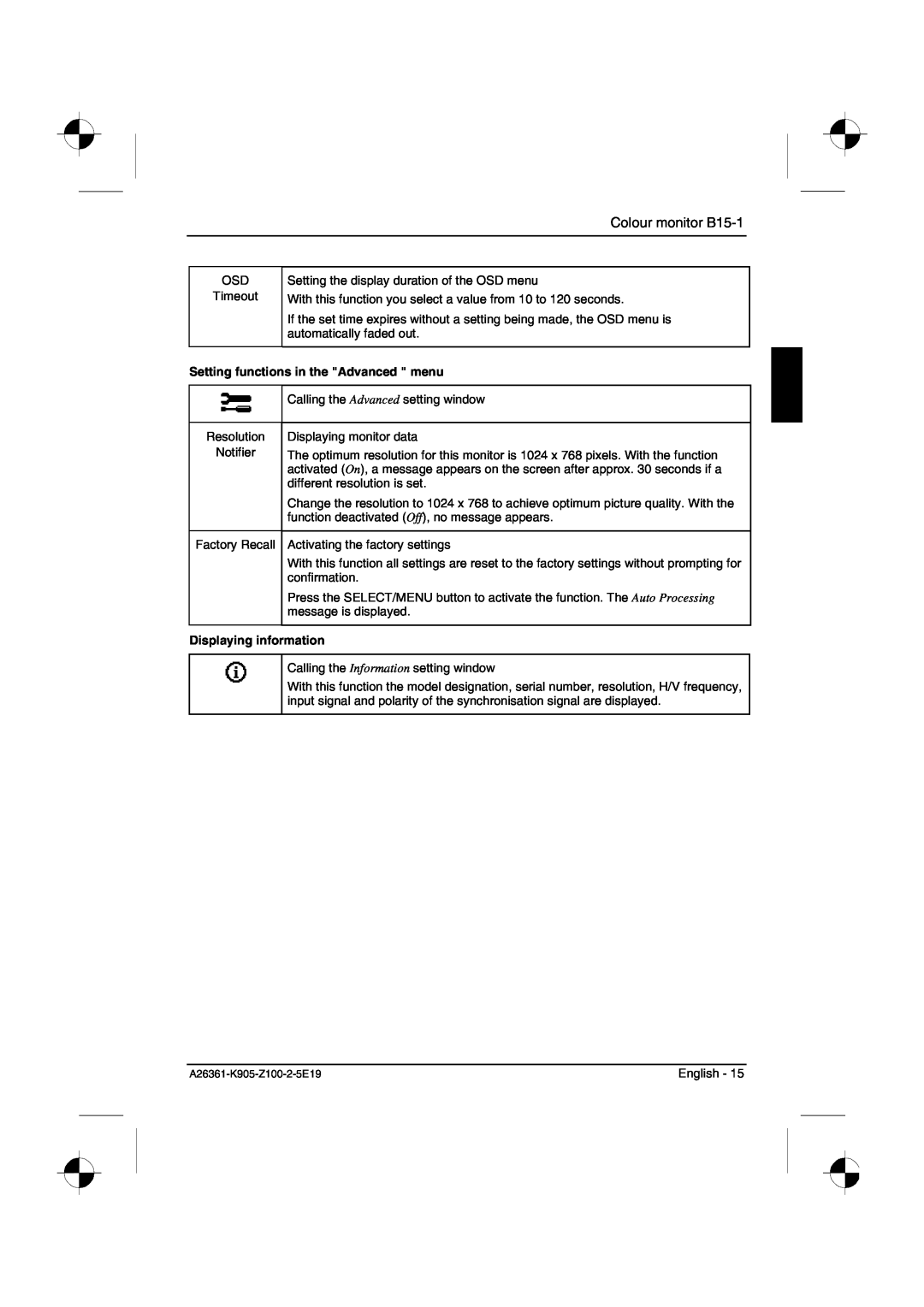 Fujitsu Siemens Computers manual Setting functions in the Advanced menu, Displaying information, Colour monitor B15-1 