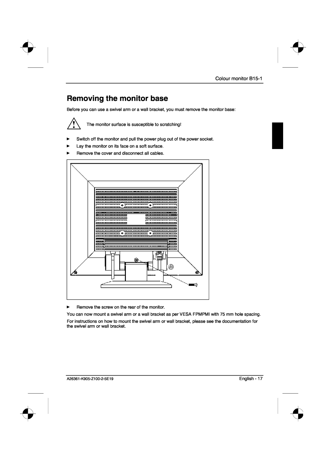 Fujitsu Siemens Computers manual Removing the monitor base, Colour monitor B15-1 