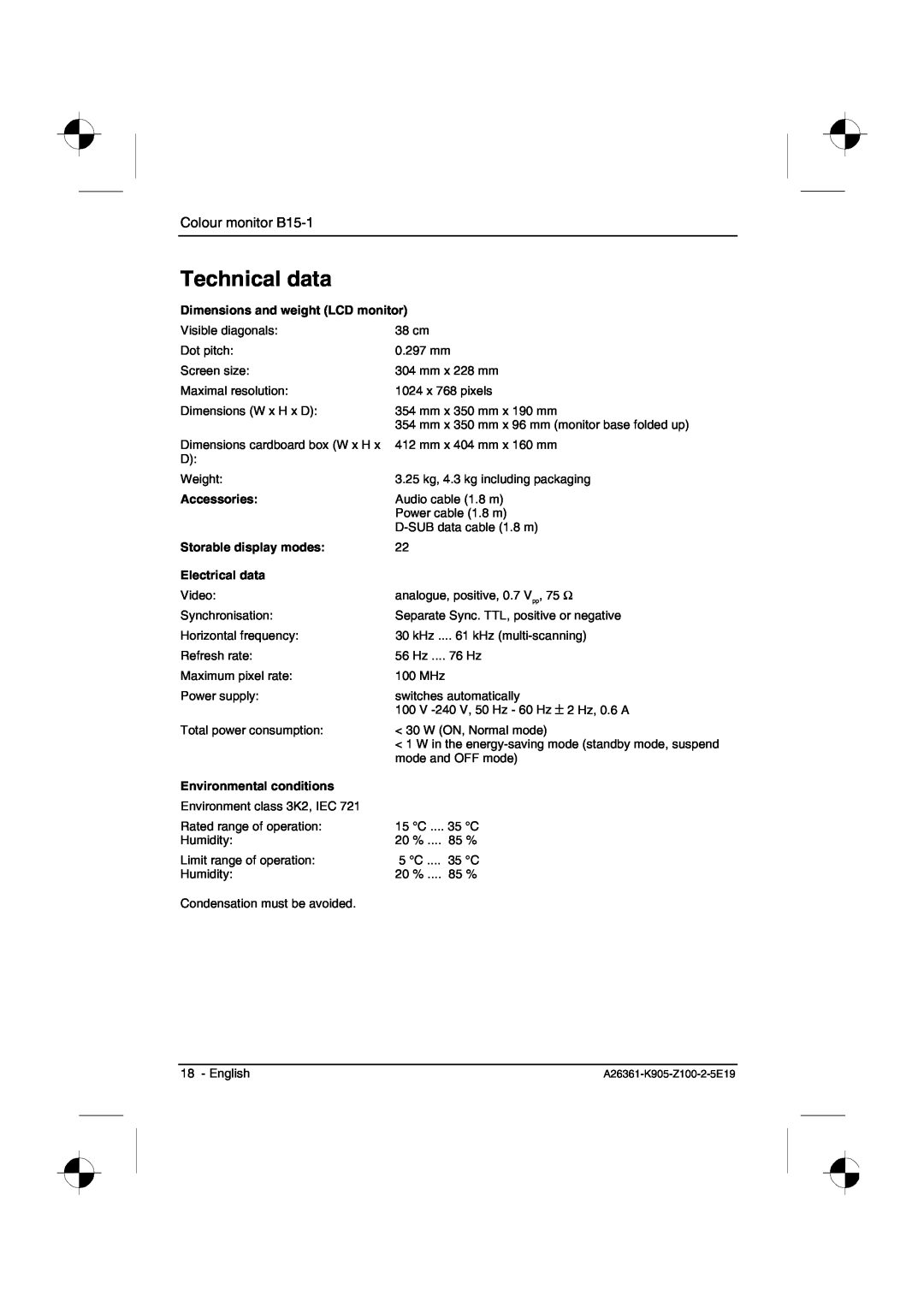 Fujitsu Siemens Computers B15-1 Technical data, Dimensions and weight LCD monitor, Accessories, Storable display modes 