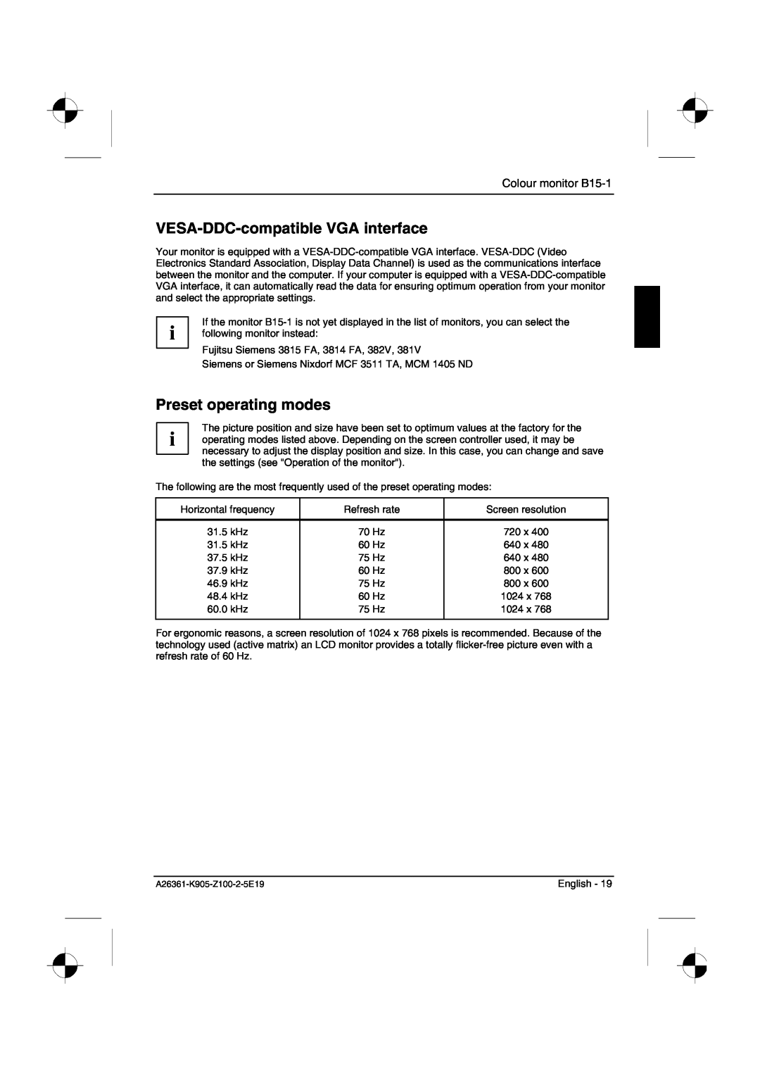 Fujitsu Siemens Computers manual VESA-DDC-compatible VGA interface, Preset operating modes, Colour monitor B15-1 