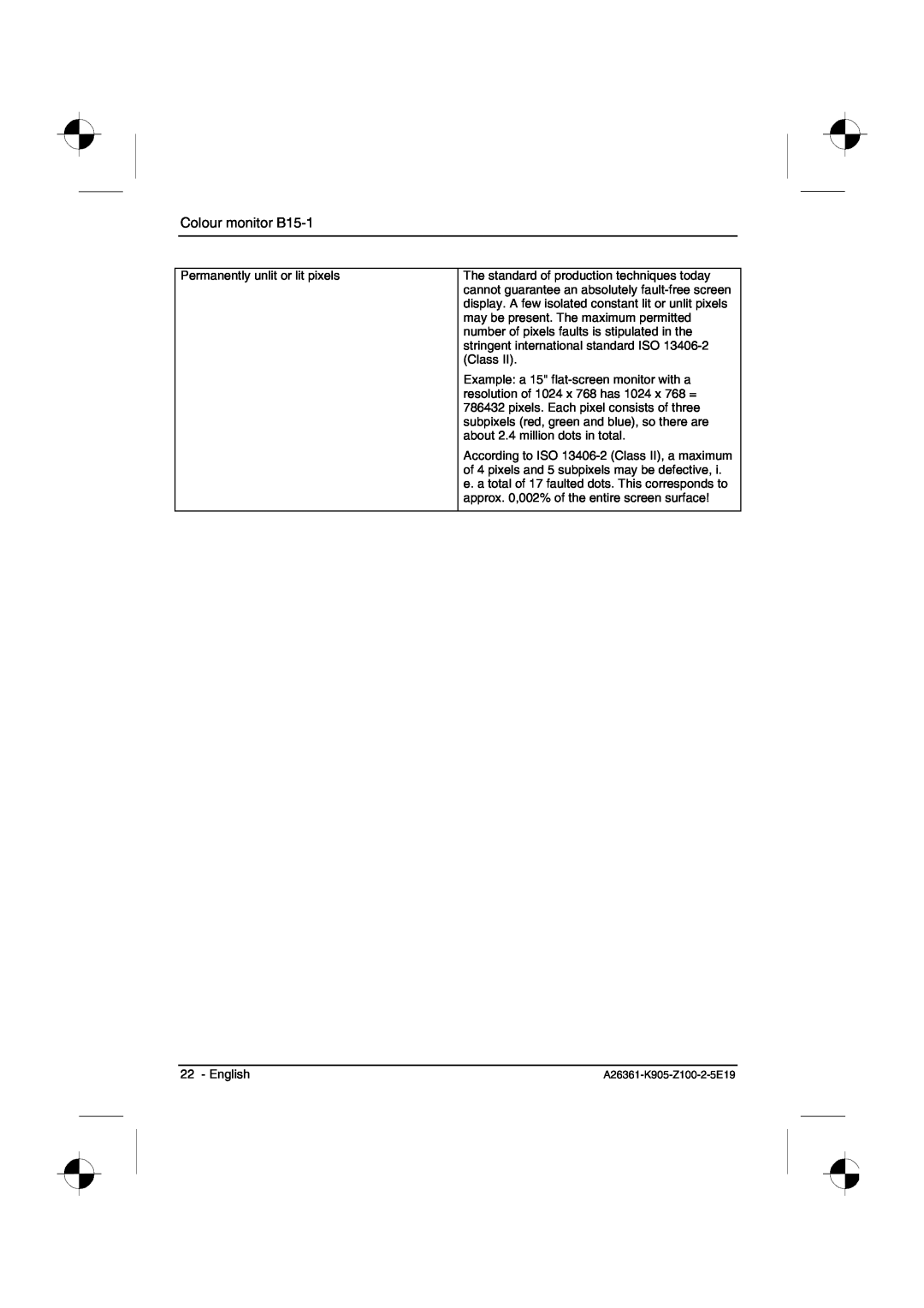 Fujitsu Siemens Computers manual Colour monitor B15-1, Permanently unlit or lit pixels 