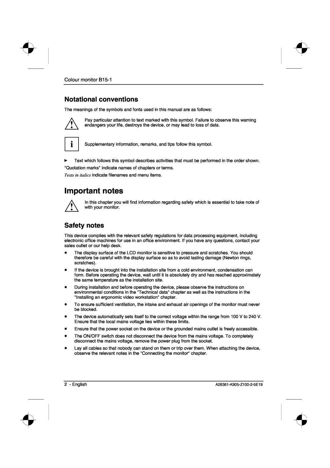 Fujitsu Siemens Computers manual Important notes, Notational conventions, Safety notes, Colour monitor B15-1 