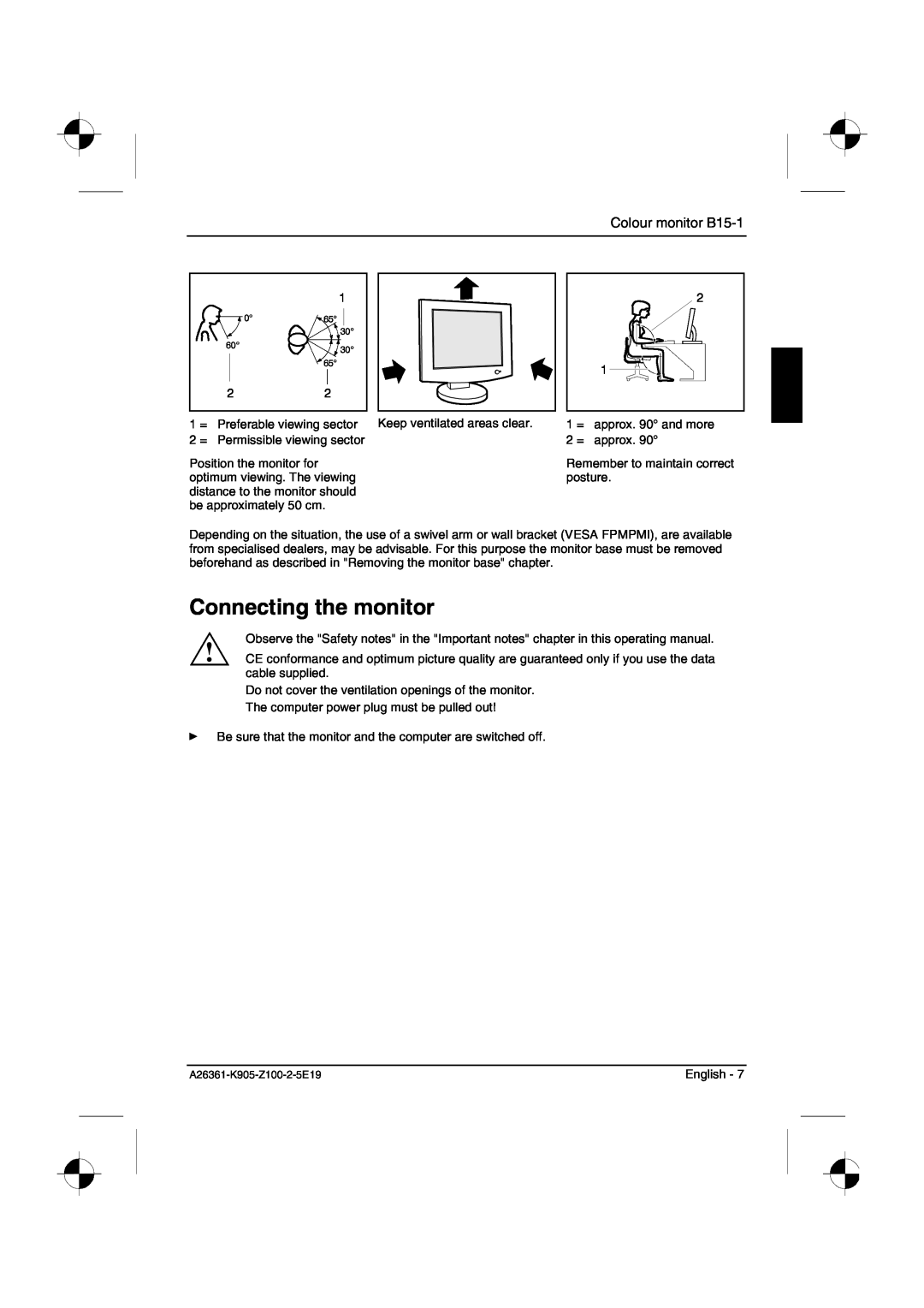 Fujitsu Siemens Computers manual Connecting the monitor, Colour monitor B15-1 