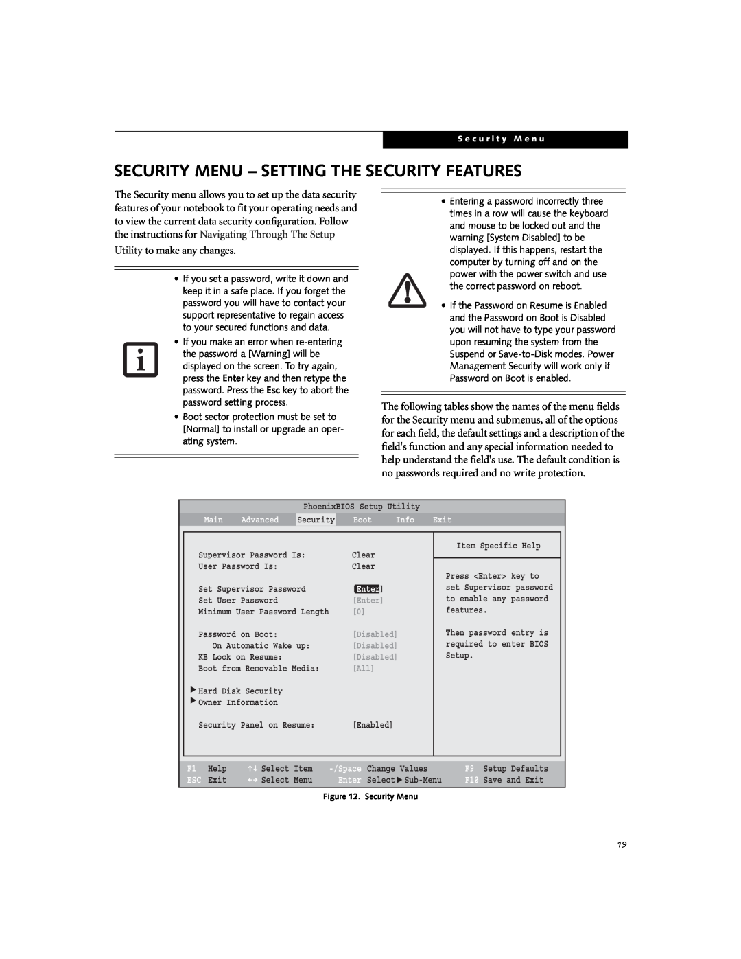 Fujitsu Siemens Computers B3000 Security Menu - Setting The Security Features, Main, Advanced, Boot, Info, Exit, Clear 