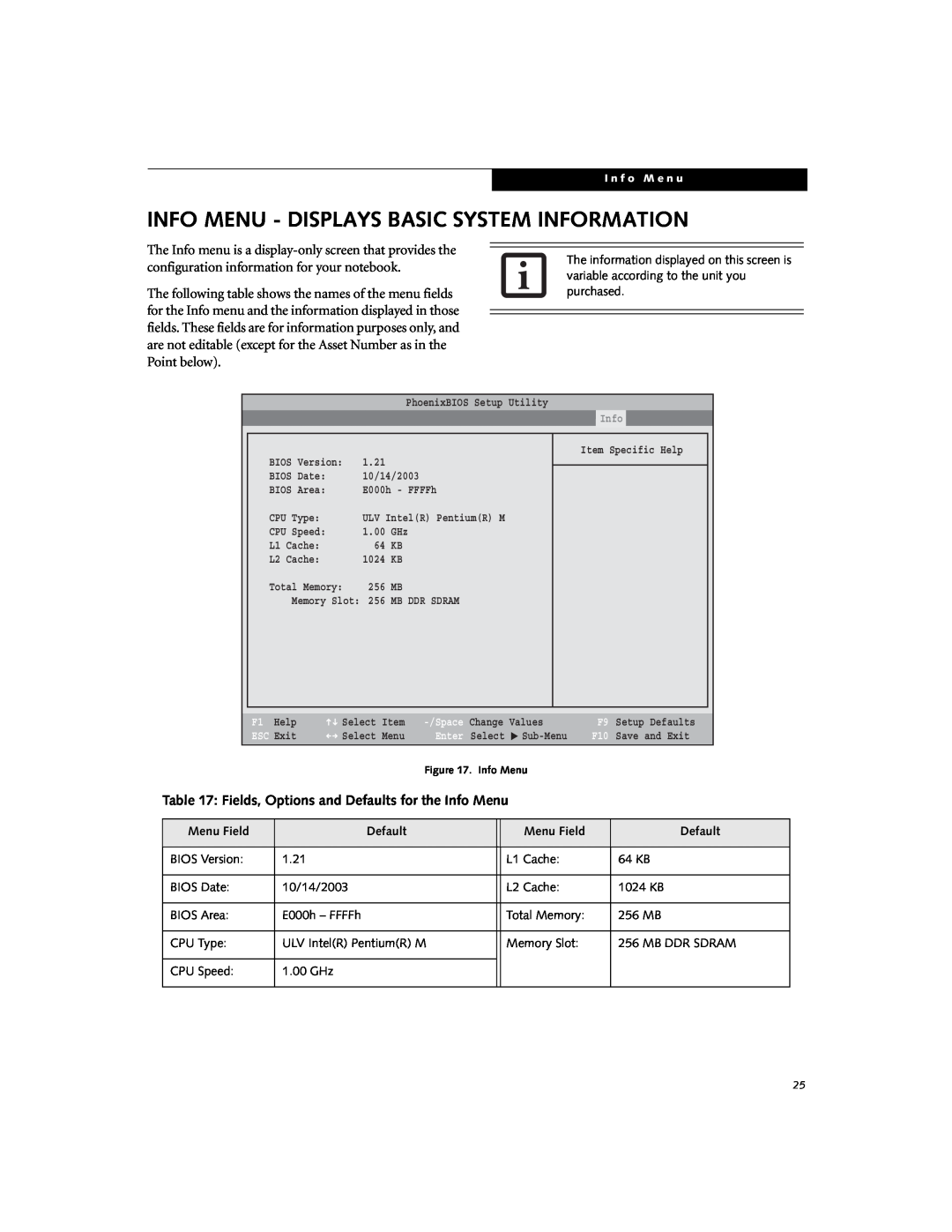 Fujitsu Siemens Computers B3000 manual Info Menu - Displays Basic System Information 