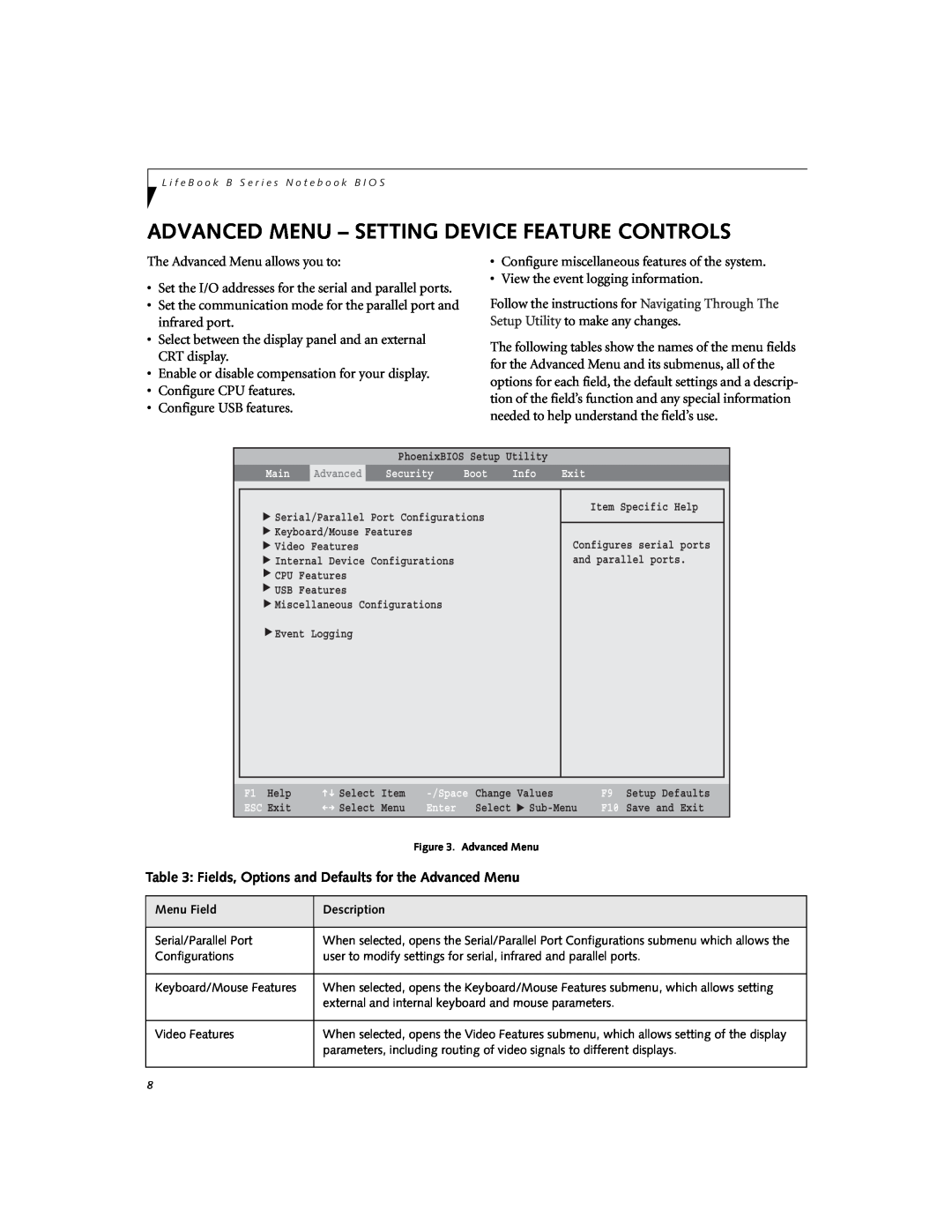 Fujitsu Siemens Computers B3000 manual Advanced Menu - Setting Device Feature Controls 