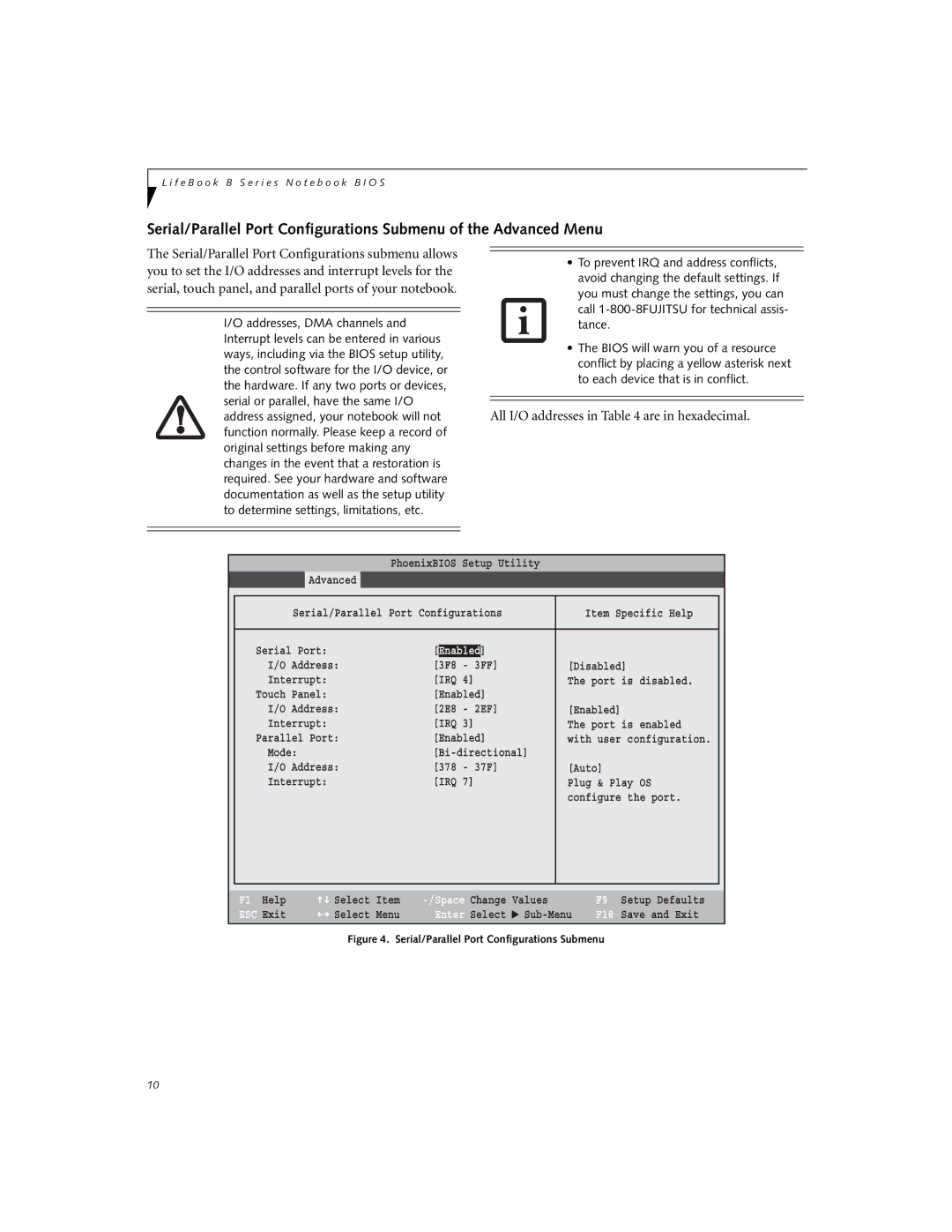 Fujitsu Siemens Computers B3000 manual All I/O addresses in are in hexadecimal, Enabled 