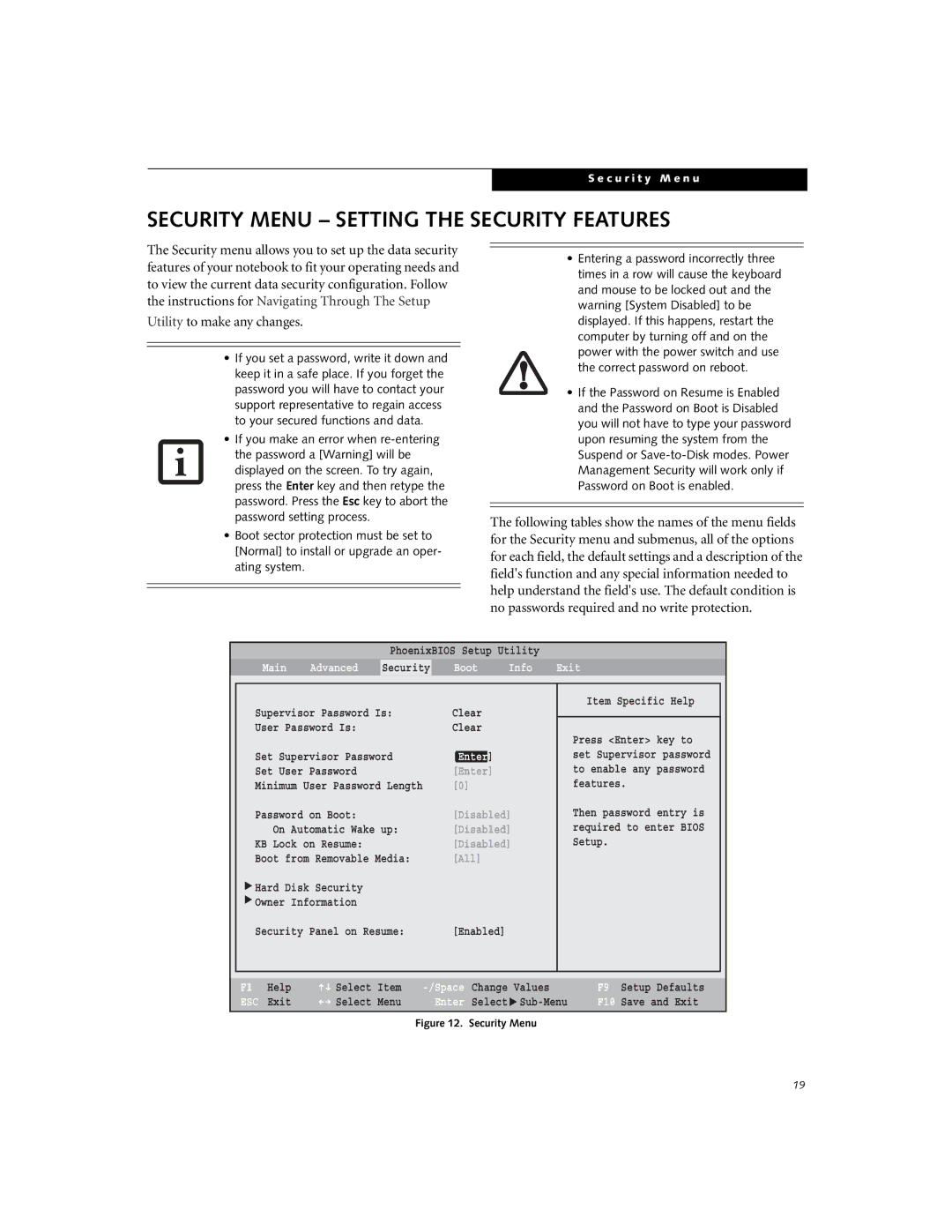 Fujitsu Siemens Computers B3000 manual Security Menu Setting the Security Features, Boot Info Exit 