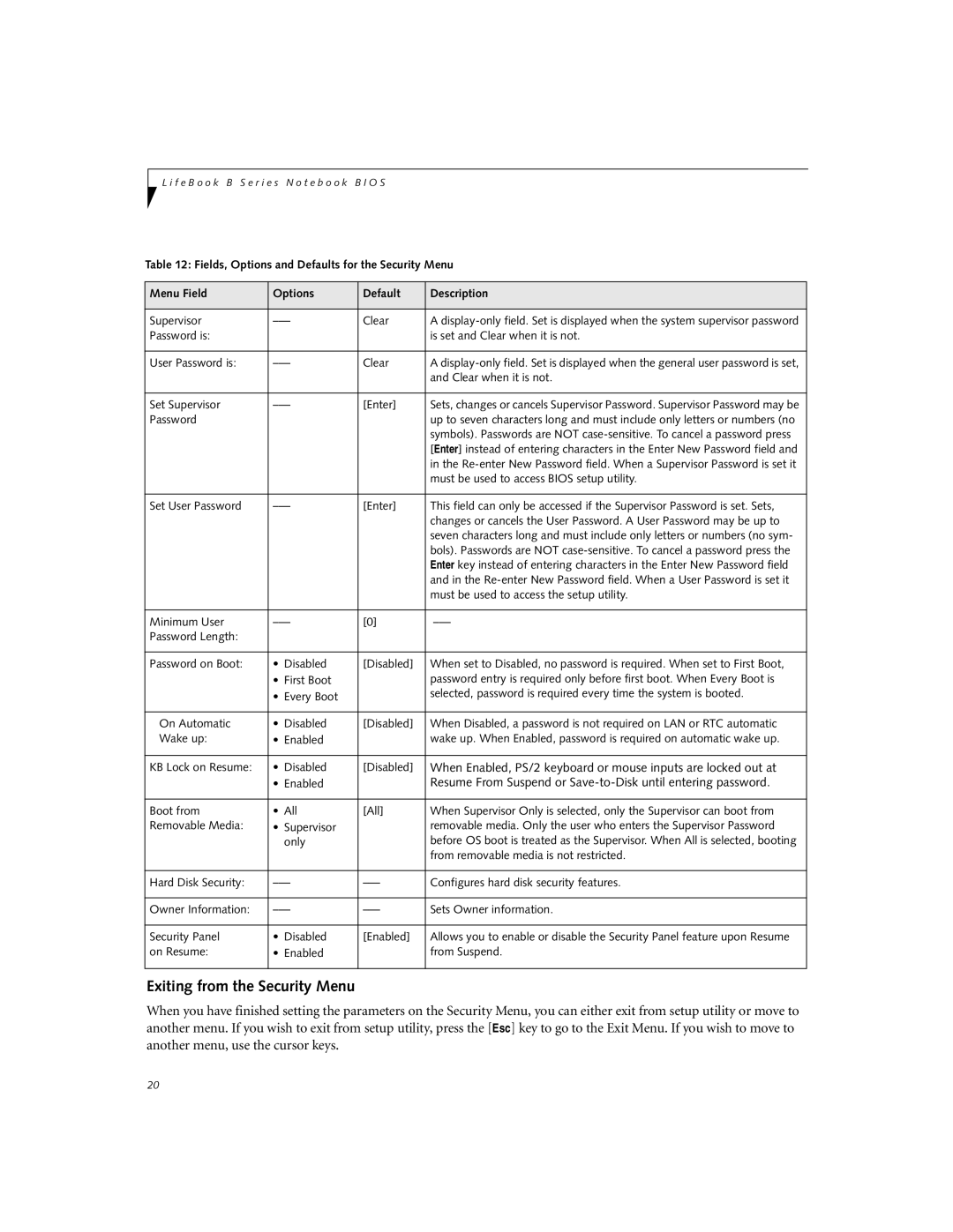 Fujitsu Siemens Computers B3000 manual Exiting from the Security Menu, Password 