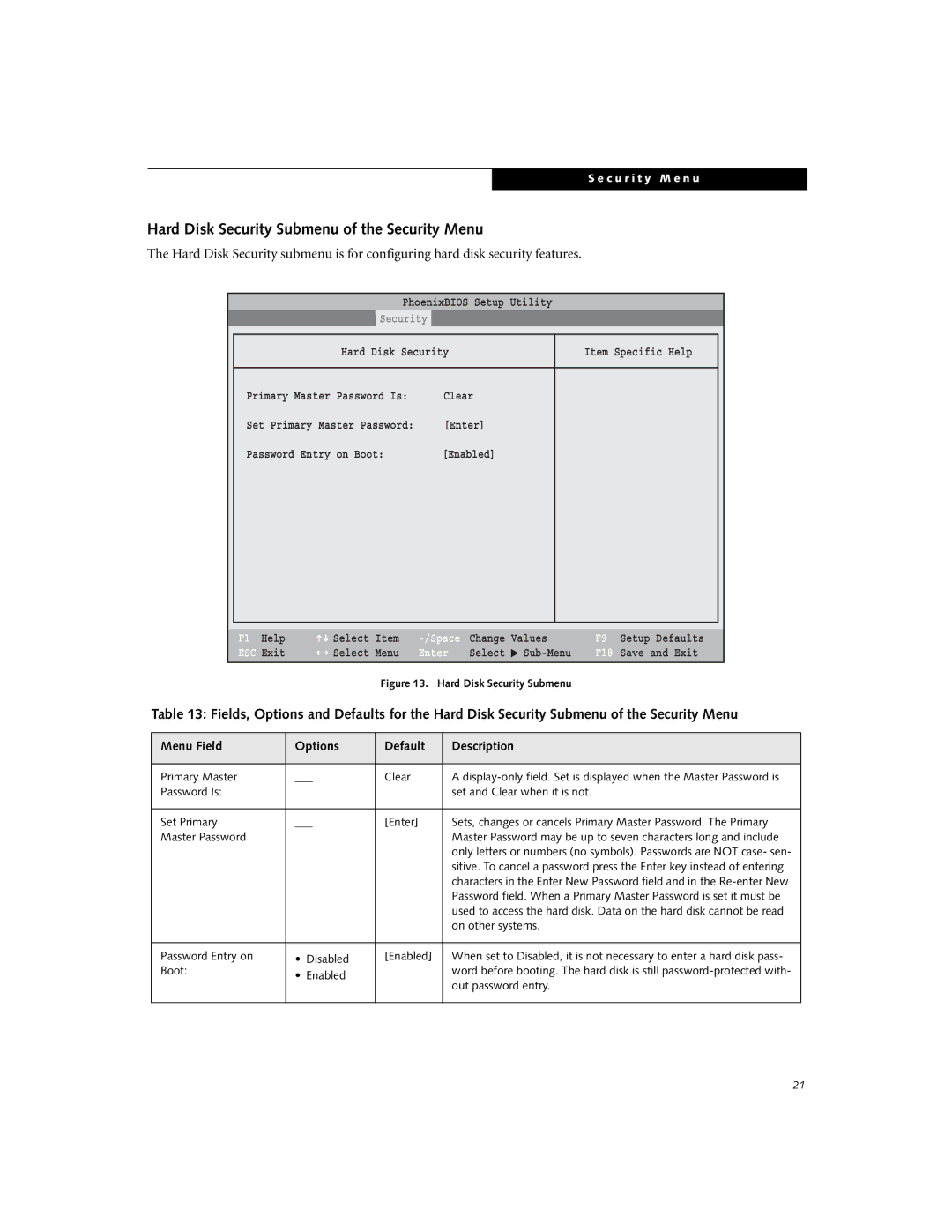 Fujitsu Siemens Computers B3000 Hard Disk Security Submenu of the Security Menu, Main Advanced Security Power Savings Exit 