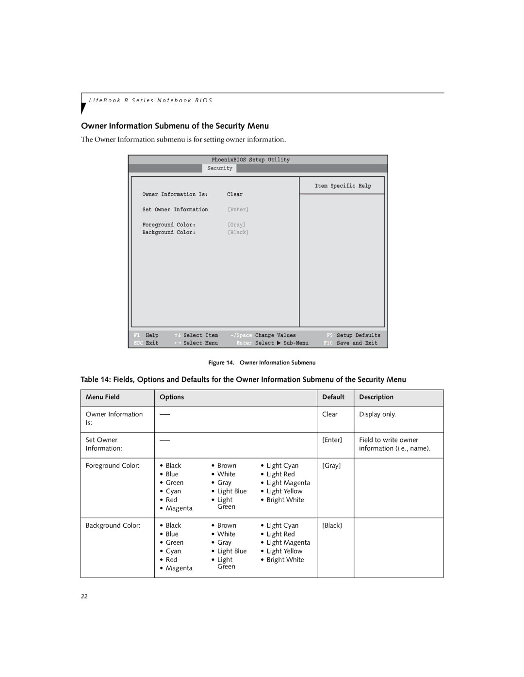 Fujitsu Siemens Computers B3000 manual Owner Information Submenu of the Security Menu 