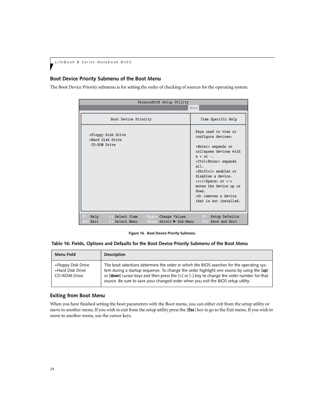 Fujitsu Siemens Computers B3000 manual Boot Device Priority Submenu of the Boot Menu, Exiting from Boot Menu 