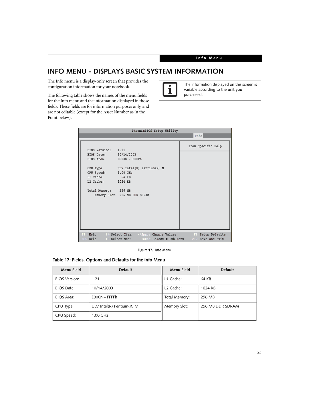 Fujitsu Siemens Computers B3000 manual Info Menu Displays Basic System Information, Menu Field Default 