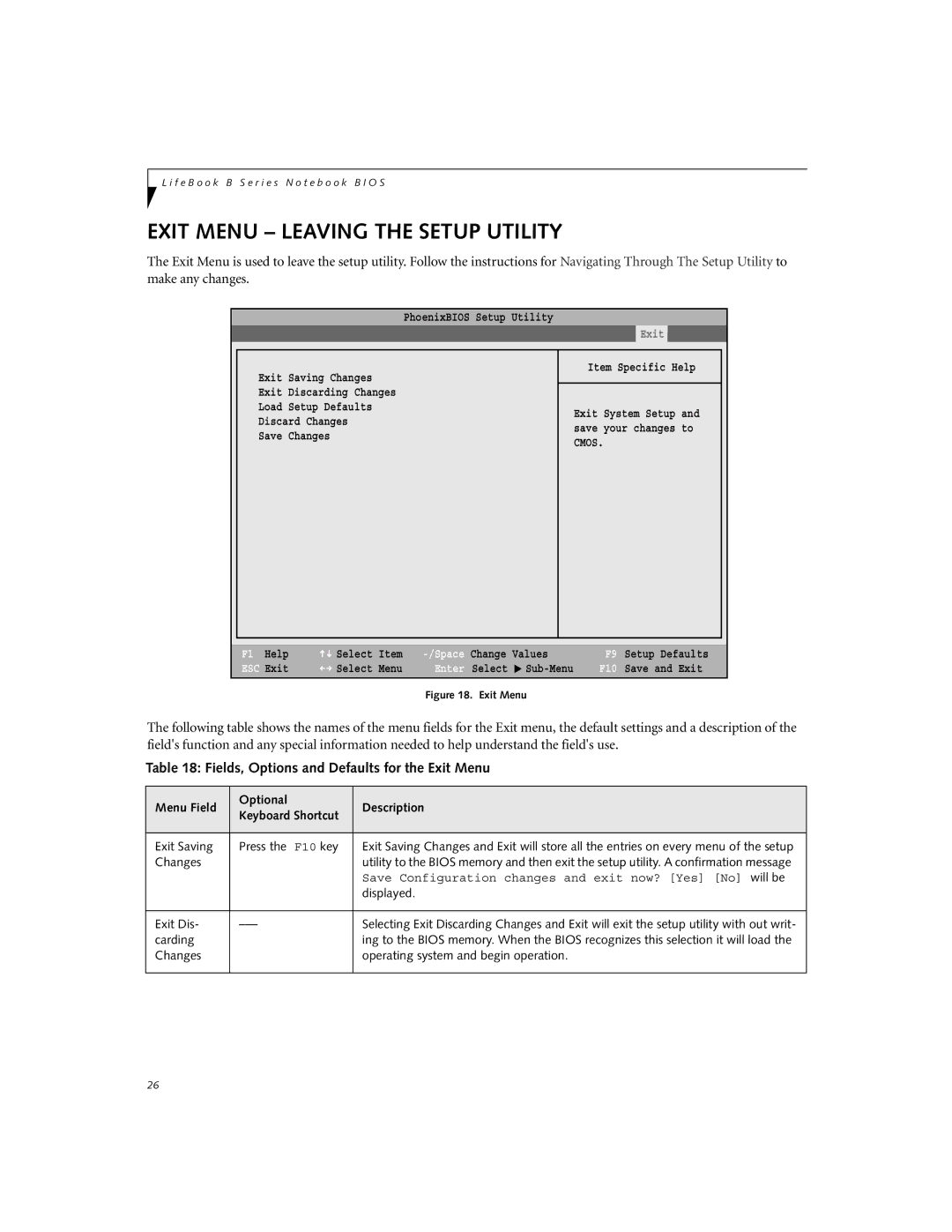 Fujitsu Siemens Computers B3000 manual Exit Menu Leaving the Setup Utility, Fields, Options and Defaults for the Exit Menu 