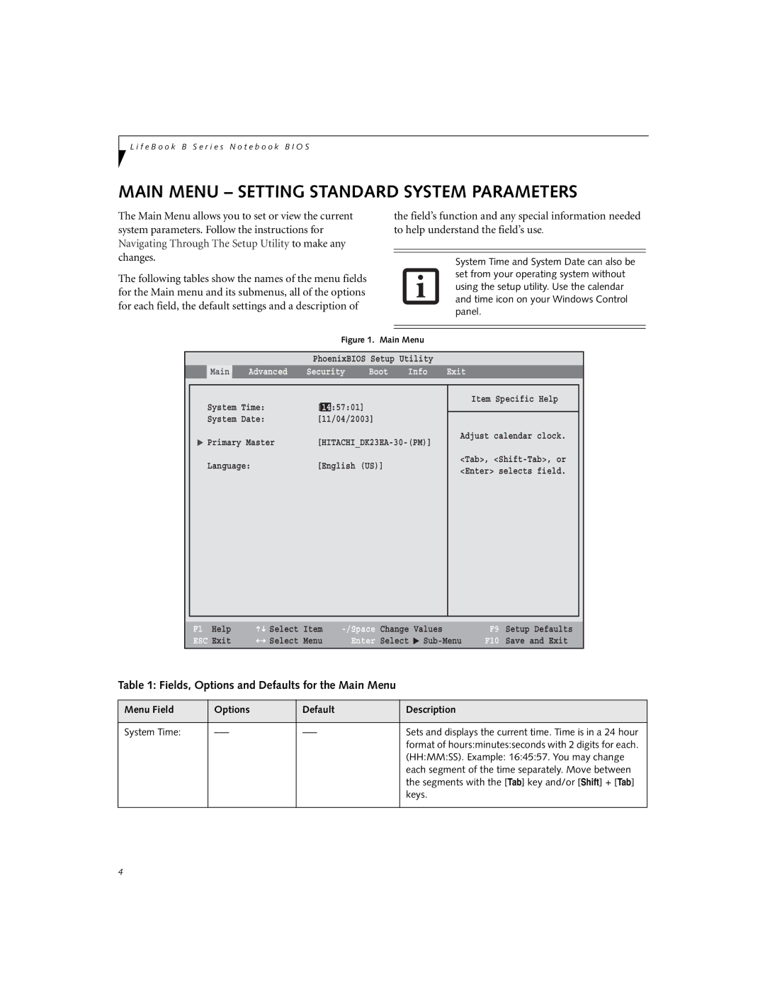 Fujitsu Siemens Computers B3000 manual Main Menu Setting Standard System Parameters 