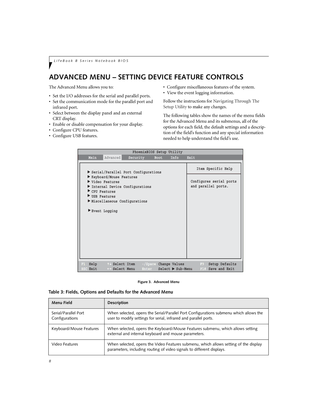 Fujitsu Siemens Computers B3000 manual Advanced Menu Setting Device Feature Controls, Main Advanced Security Boot Info Exit 