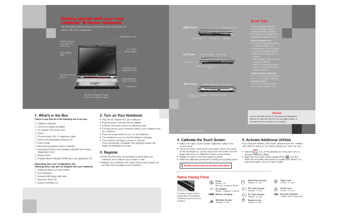 Fujitsu Siemens Computers B6110D manual What’s in the Box, Turn on Your Notebook, Register, Calibrate the Touch Screen 