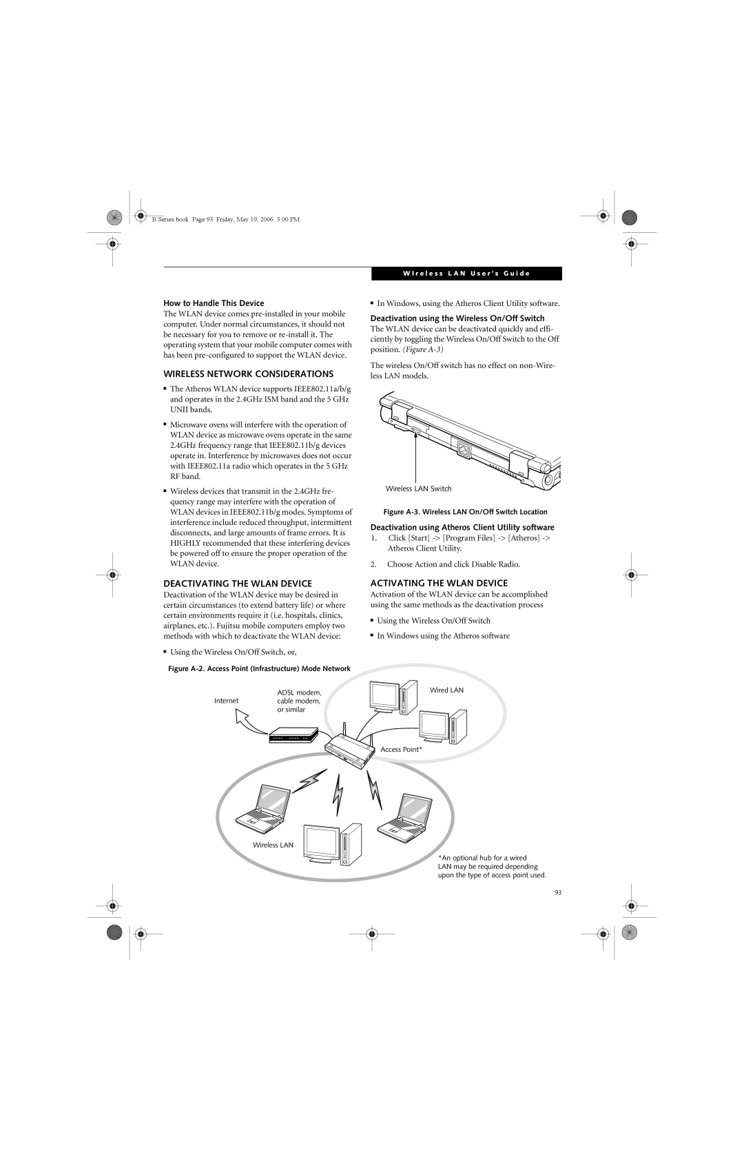 Fujitsu Siemens Computers B6210 Wireless Network Considerations, Deactivating the Wlan Device, Activating the Wlan Device 