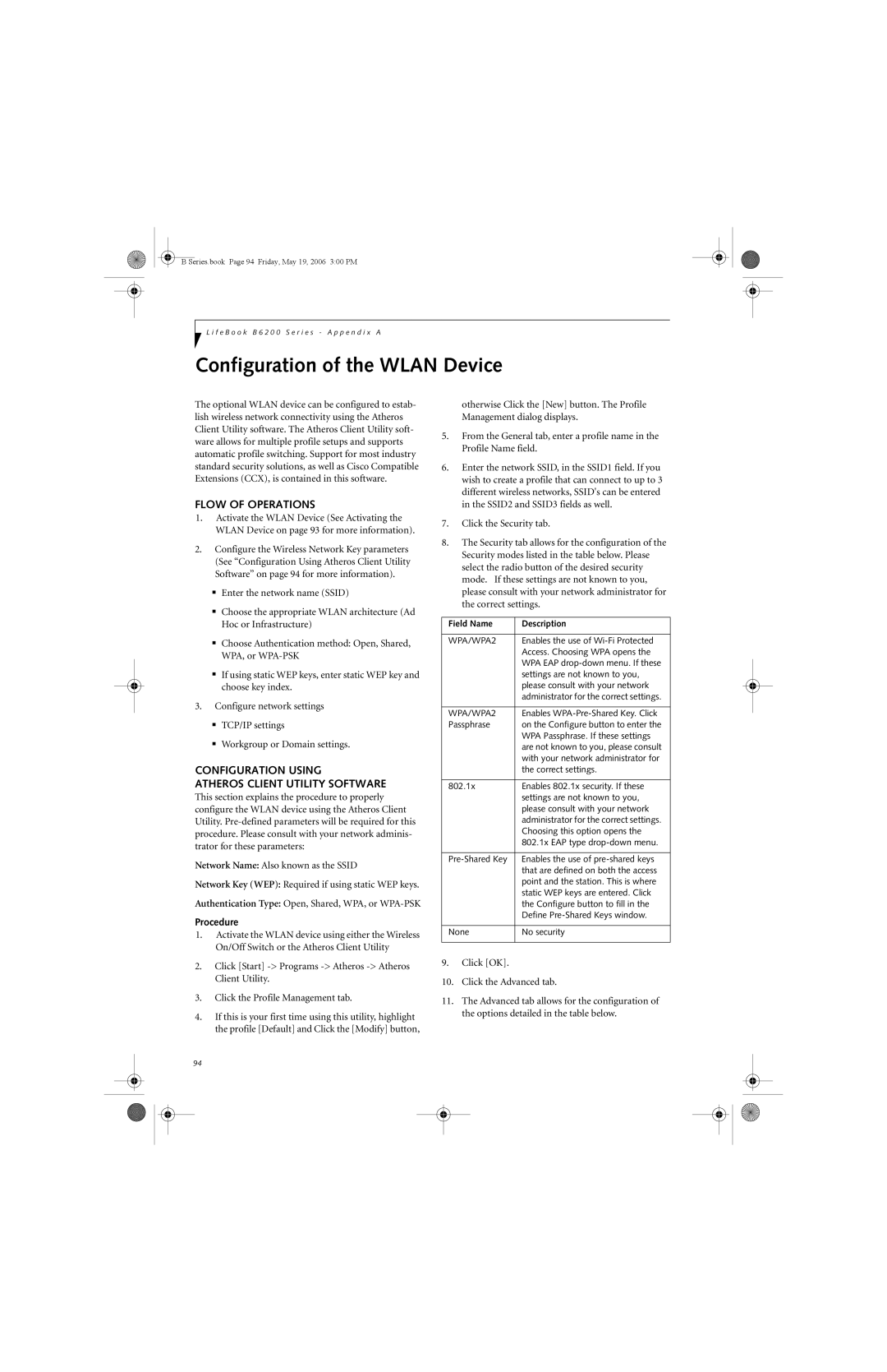 Fujitsu Siemens Computers B6210 manual Configuration of the Wlan Device, Flow of Operations, Procedure 