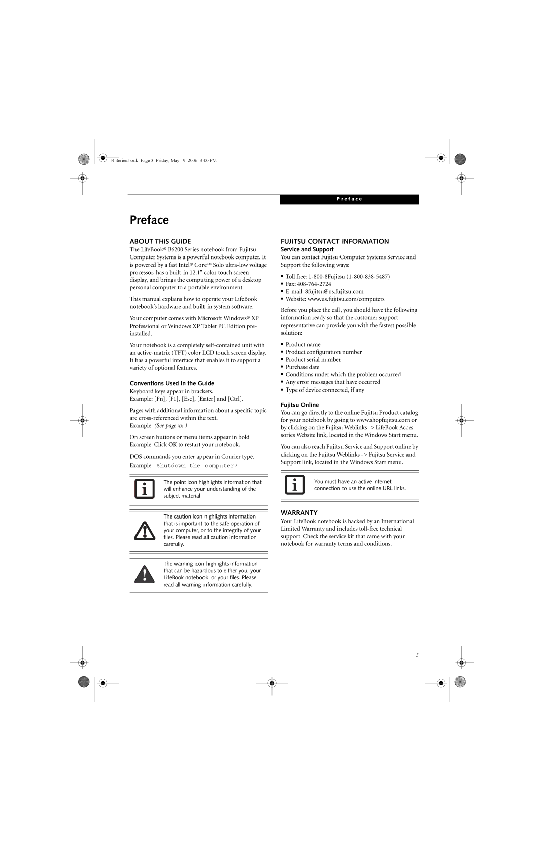 Fujitsu Siemens Computers B6210 manual Preface, About this Guide, Fujitsu Contact Information, Warranty 