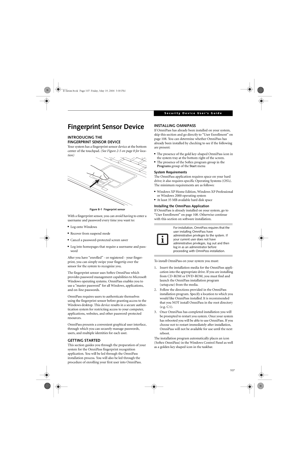 Fujitsu Siemens Computers B6210 manual Introducing Fingerprint Sensor Device, Getting Started, Installing Omnipass 