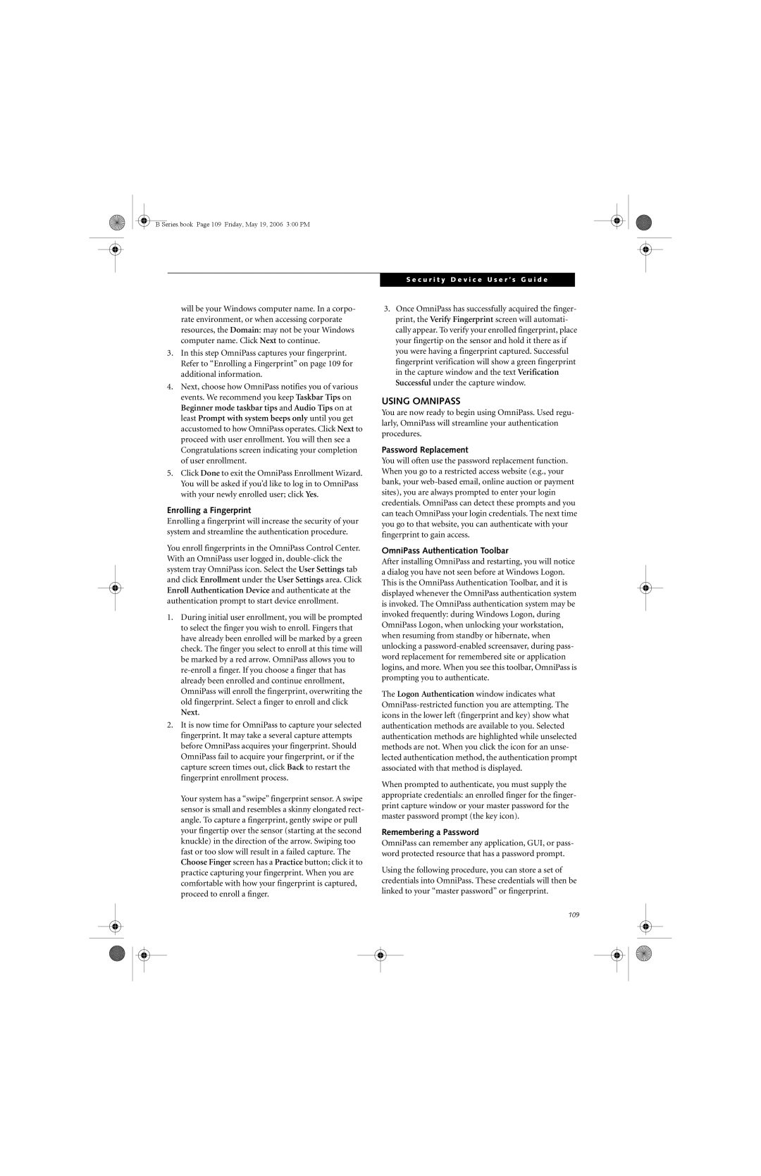 Fujitsu Siemens Computers B6210 Using Omnipass, Enrolling a Fingerprint, Password Replacement, Remembering a Password 