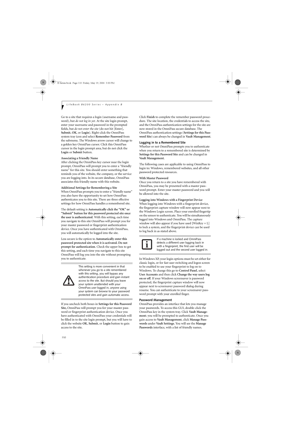 Fujitsu Siemens Computers B6210 manual Logging in to a Remembered Site, Password Management 