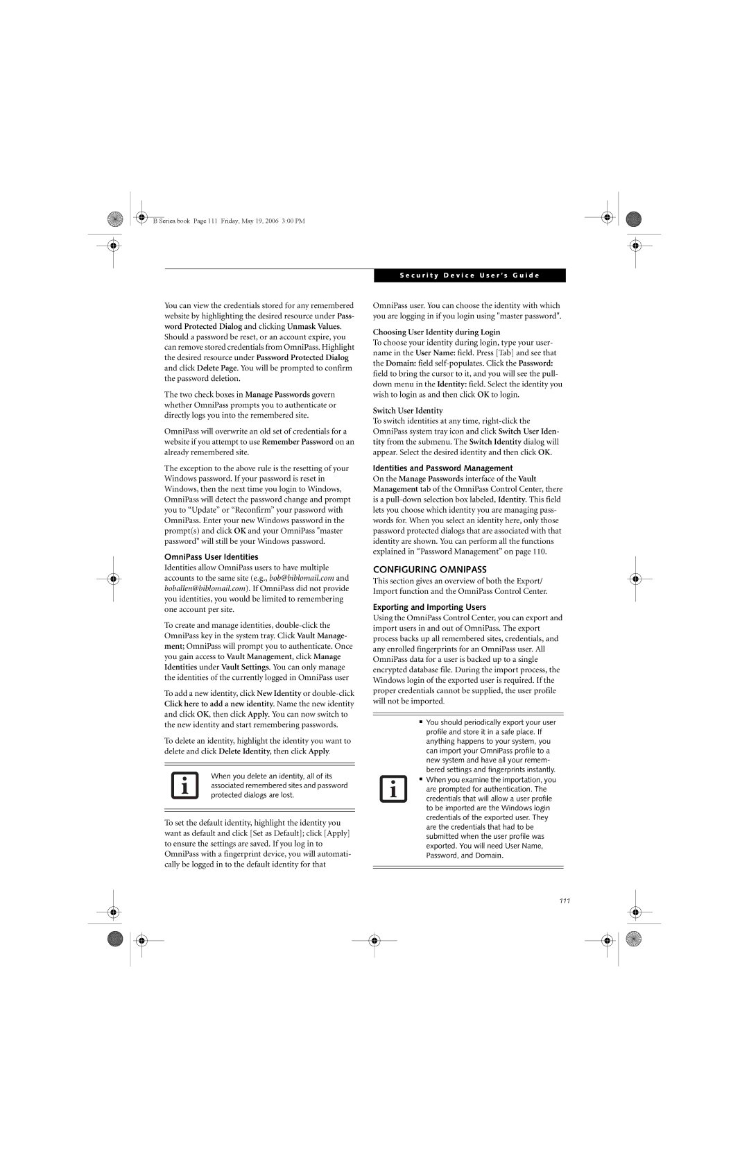 Fujitsu Siemens Computers B6210 manual Configuring Omnipass, OmniPass User Identities, Identities and Password Management 