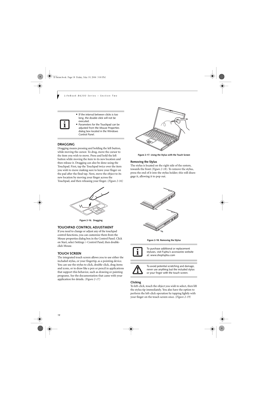 Fujitsu Siemens Computers B6210 manual Dragging, Touchpad Control Adjustment, Touch Screen, Removing the Stylus, Clicking 