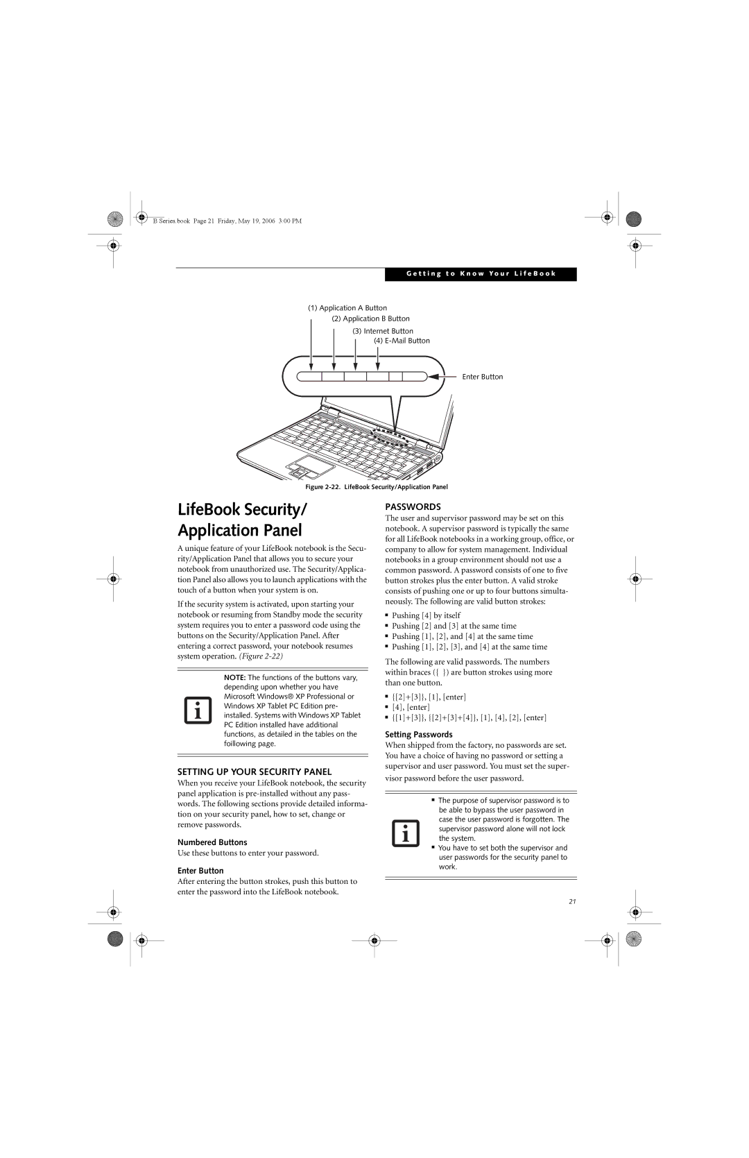 Fujitsu Siemens Computers B6210 manual LifeBook Security Application Panel, Setting UP Your Security Panel, Passwords 