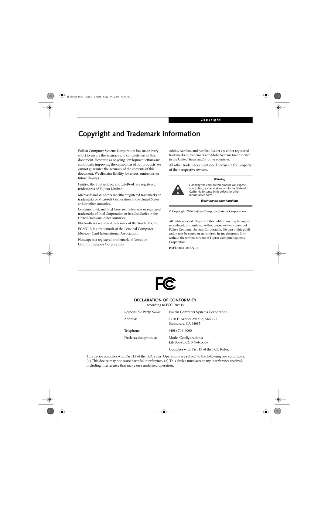 Fujitsu Siemens Computers B6210 manual Copyright and Trademark Information, Declaration of Conformity, B5FJ-0041-01EN-00 