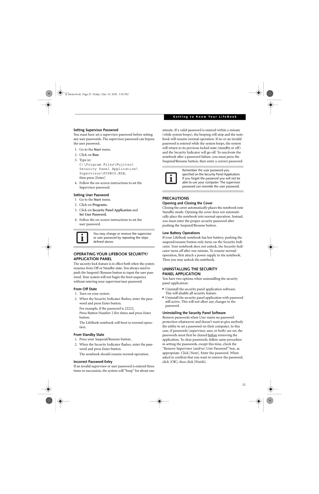 Fujitsu Siemens Computers B6210 manual Operating Your Lifebook SECURITY/ Application Panel, Precautions 