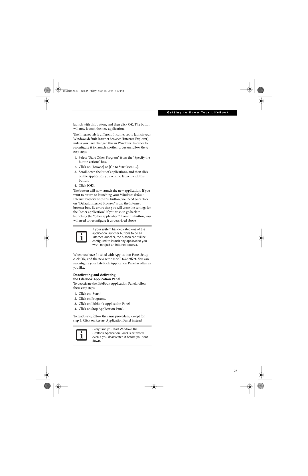 Fujitsu Siemens Computers B6210 manual Deactivating and Activating LifeBook Application Panel 