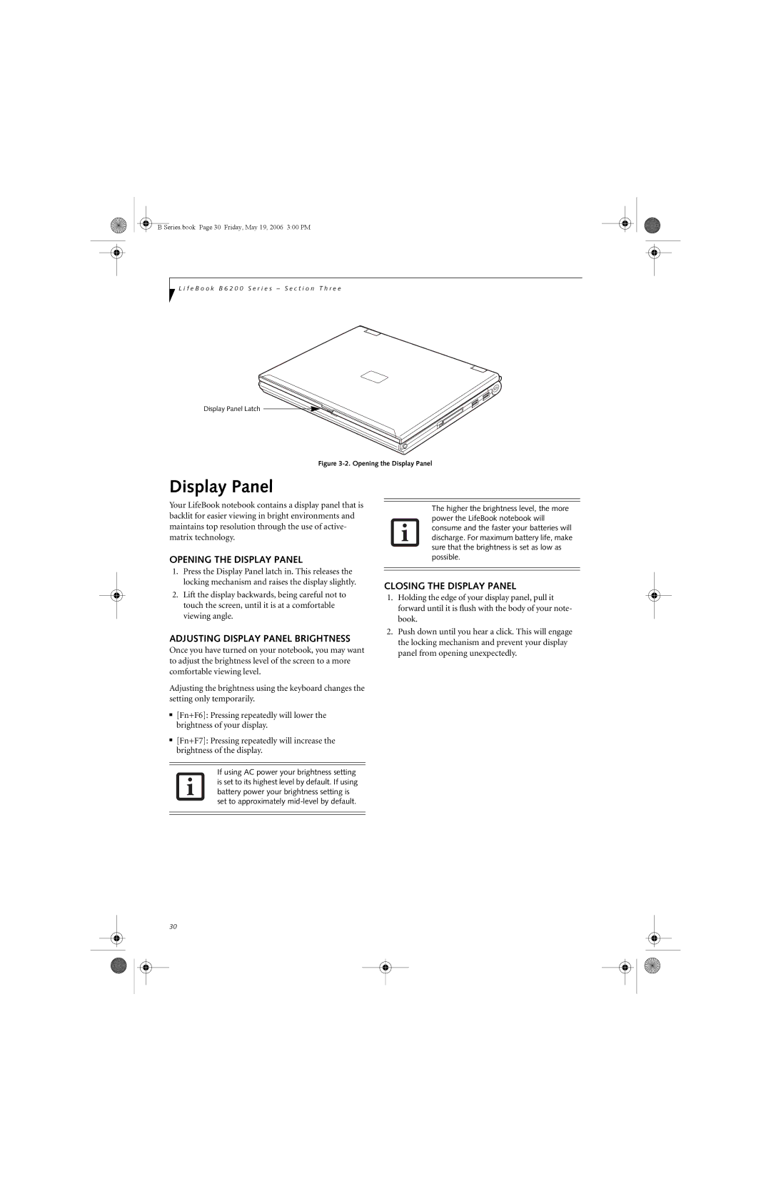 Fujitsu Siemens Computers B6210 manual Opening the Display Panel, Adjusting Display Panel Brightness 