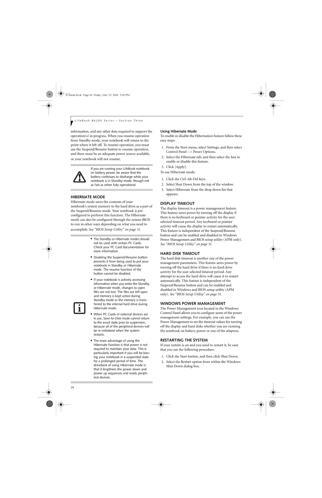 Fujitsu Siemens Computers B6210 manual Hibernate Mode, Display Timeout, Hard Disk Timeout, Windows Power Management 