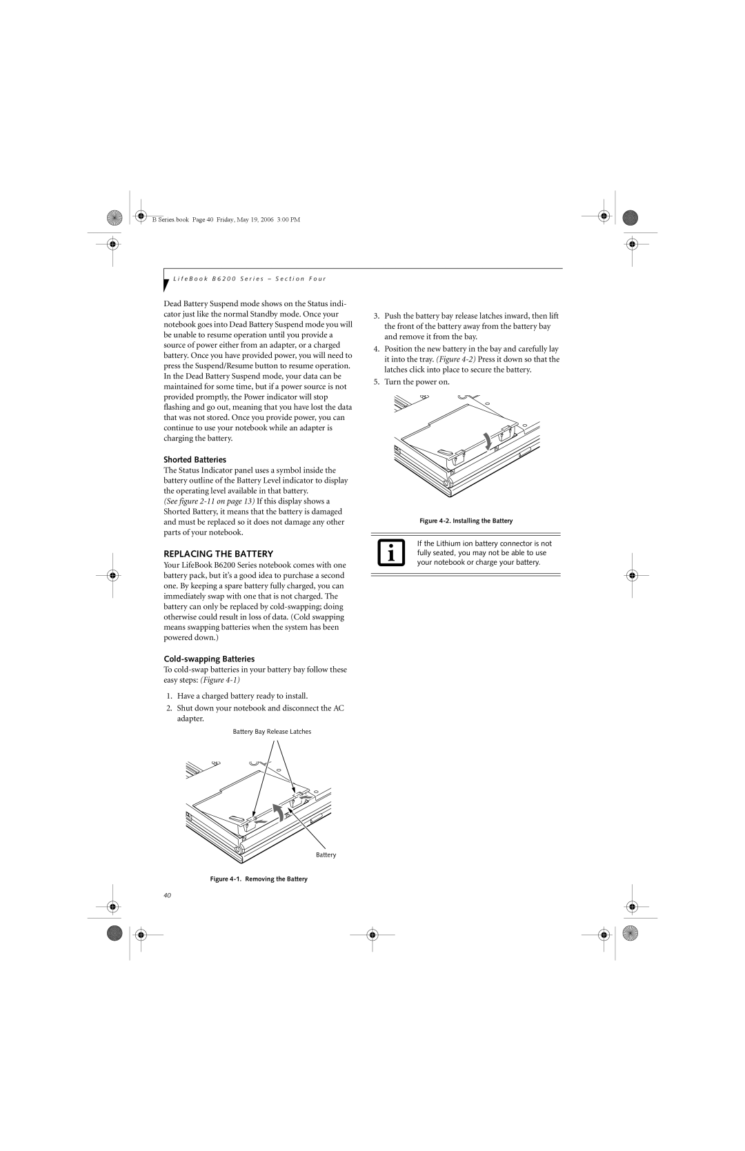 Fujitsu Siemens Computers B6210 manual Replacing the Battery, Shorted Batteries, Cold-swapping Batteries 