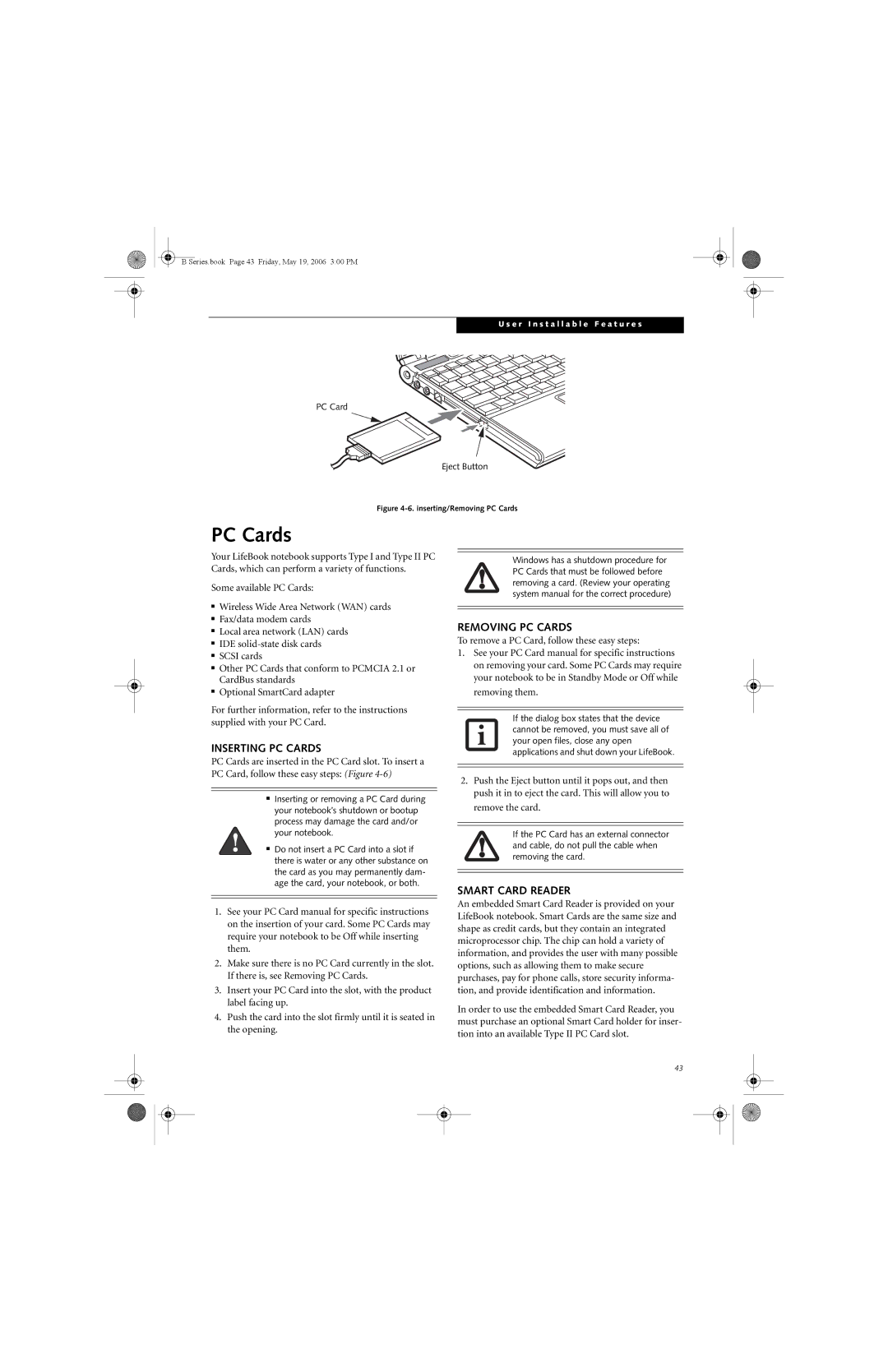 Fujitsu Siemens Computers B6210 manual Inserting PC Cards, Removing PC Cards, Smart Card Reader 