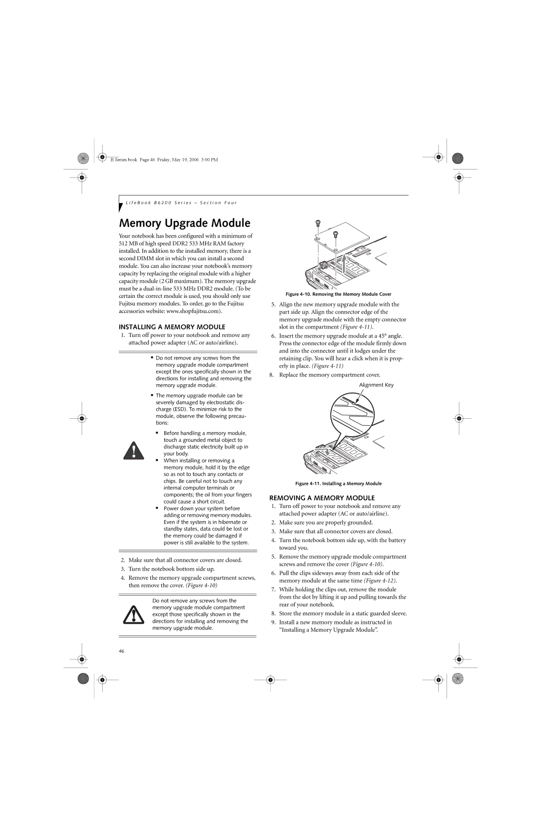 Fujitsu Siemens Computers B6210 manual Installing a Memory Module, Removing a Memory Module 