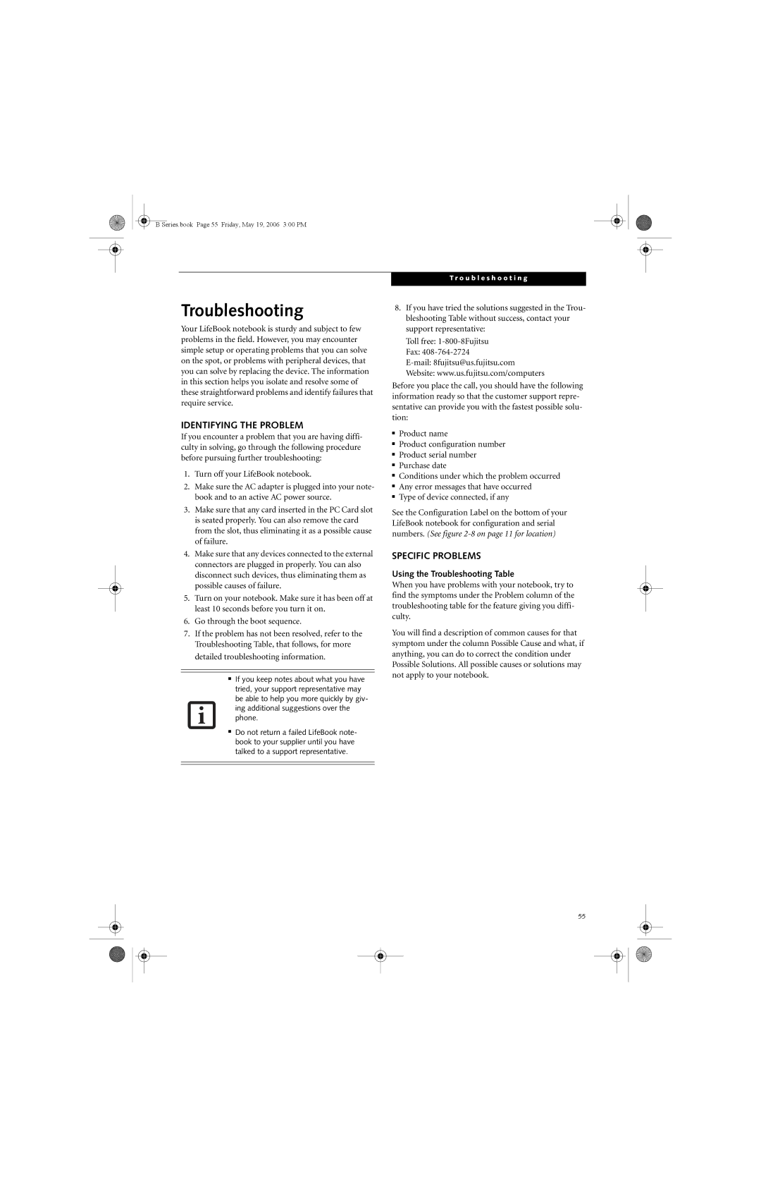 Fujitsu Siemens Computers B6210 manual Troubleshooting, Identifying the Problem, Specific Problems 