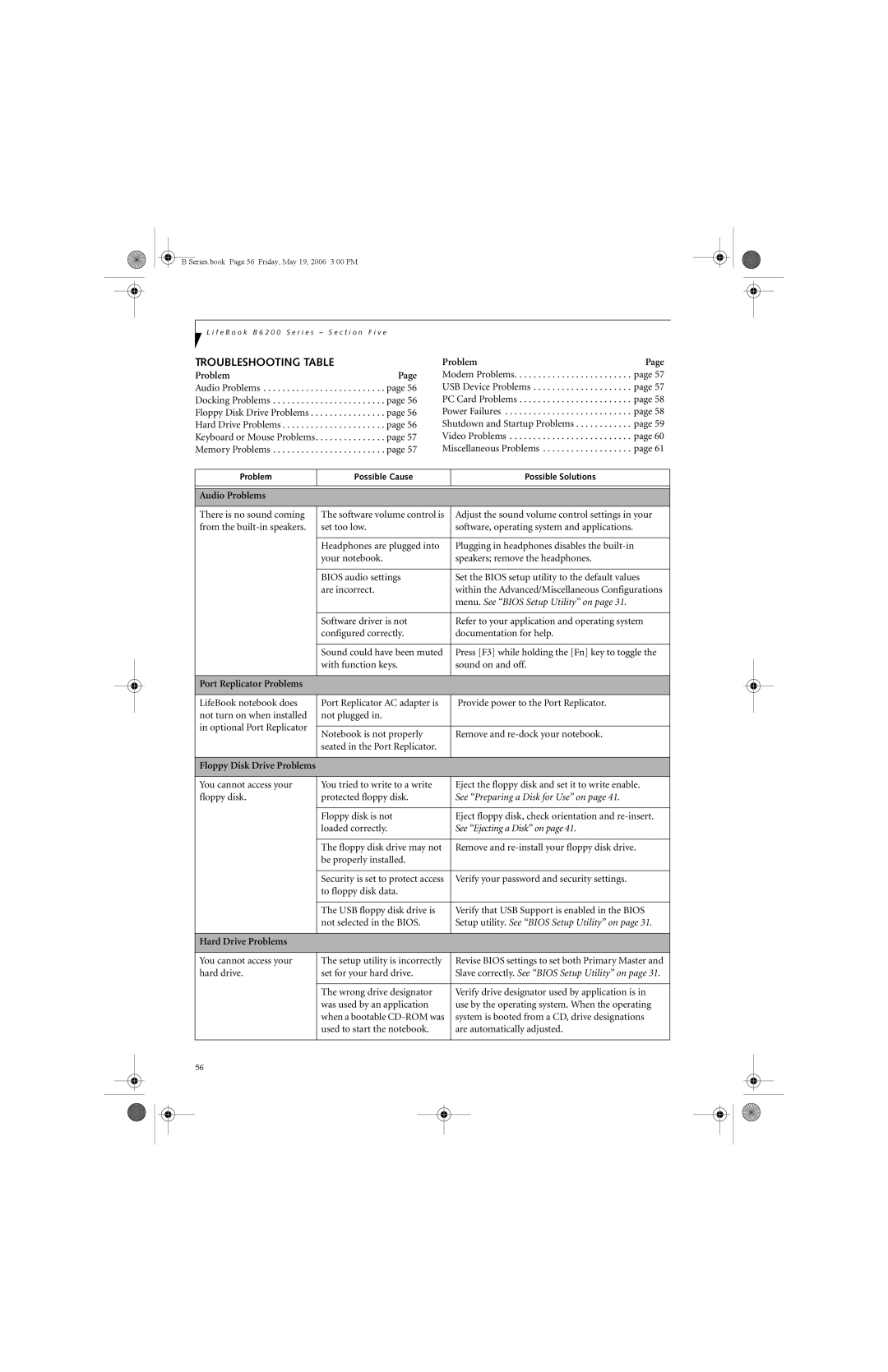 Fujitsu Siemens Computers B6210 Troubleshooting Table, Audio Problems, Port Replicator Problems, Hard Drive Problems 