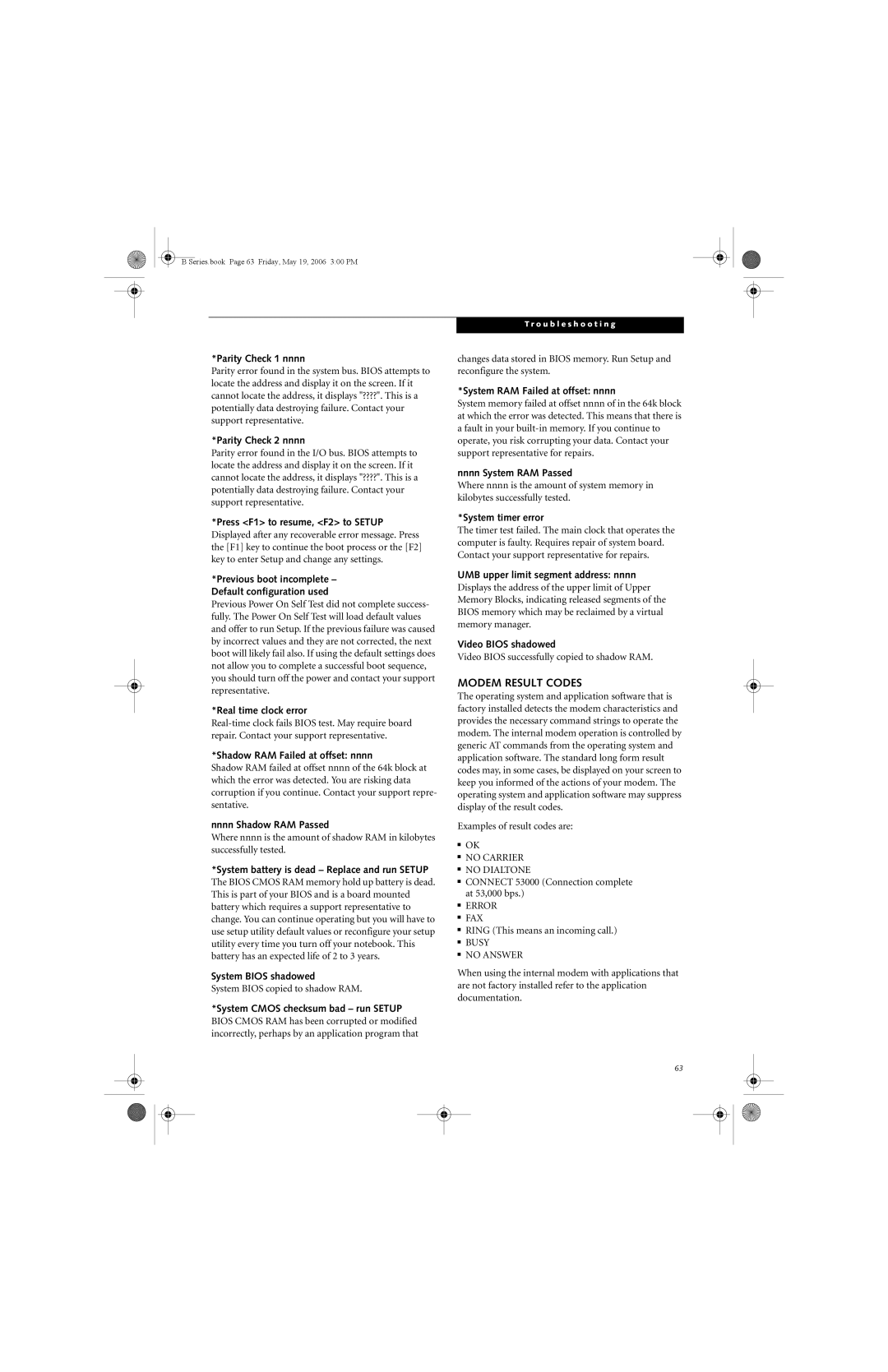 Fujitsu Siemens Computers B6210 manual Modem Result Codes 