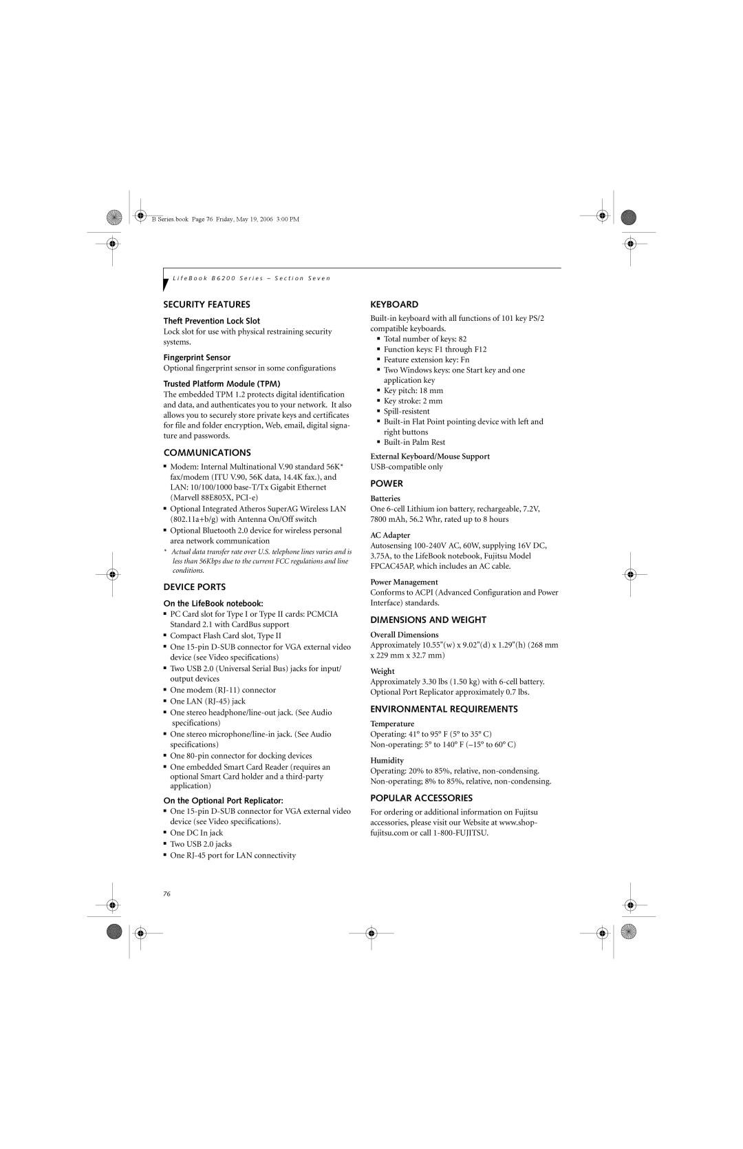 Fujitsu Siemens Computers B6210 manual Security Features, Communications, Device Ports, Power, Dimensions and Weight 