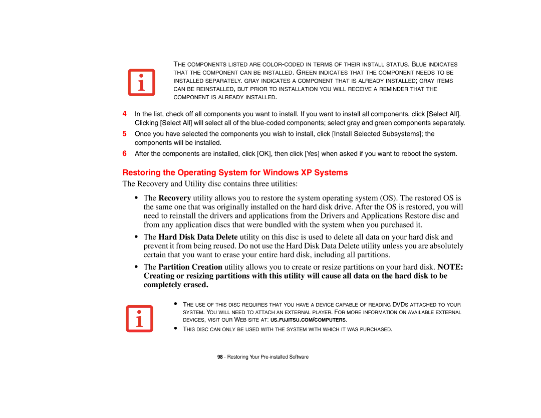 Fujitsu Siemens Computers B6230 notebook manual Restoring the Operating System for Windows XP Systems 